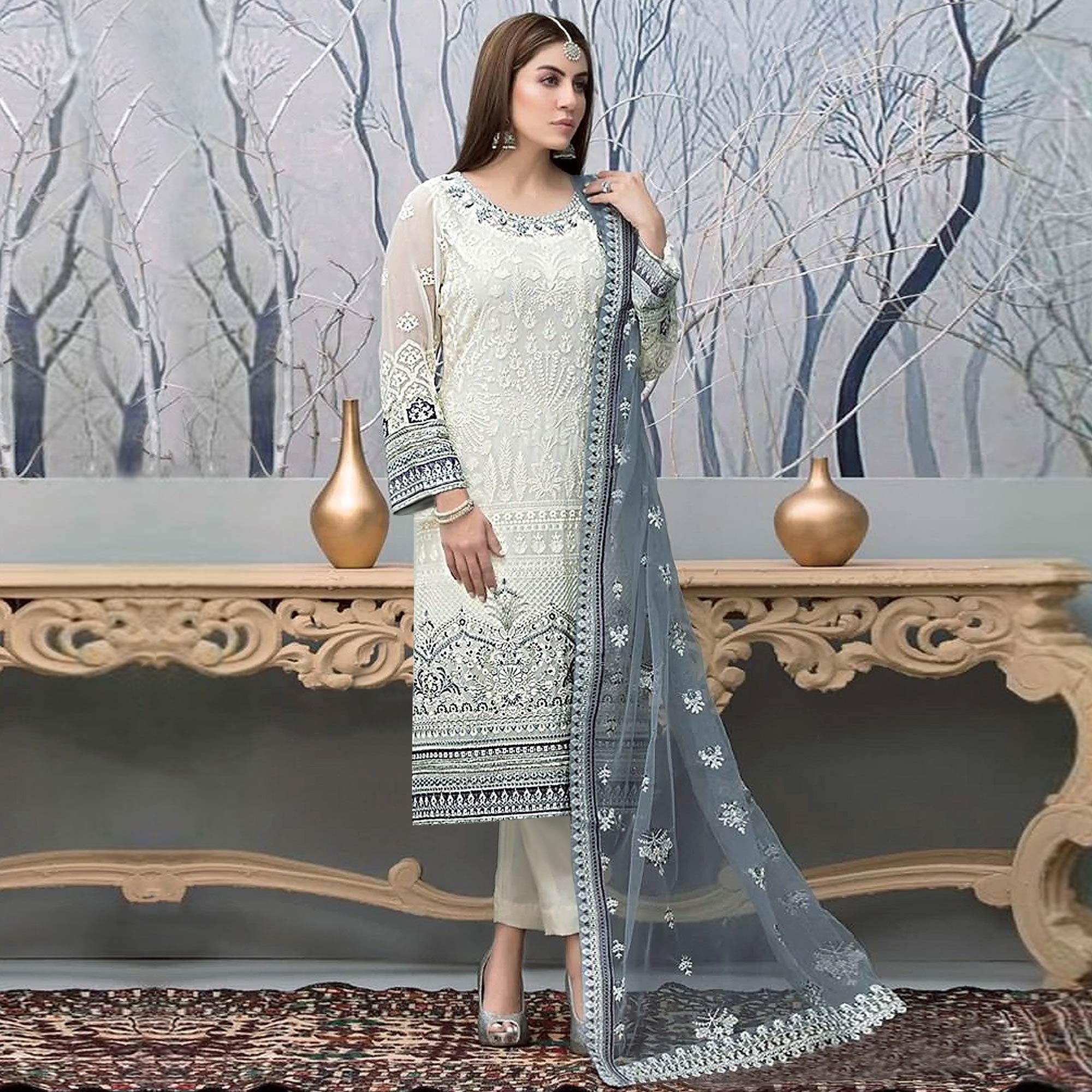 White Embroidered Georgette Pakistani Suit