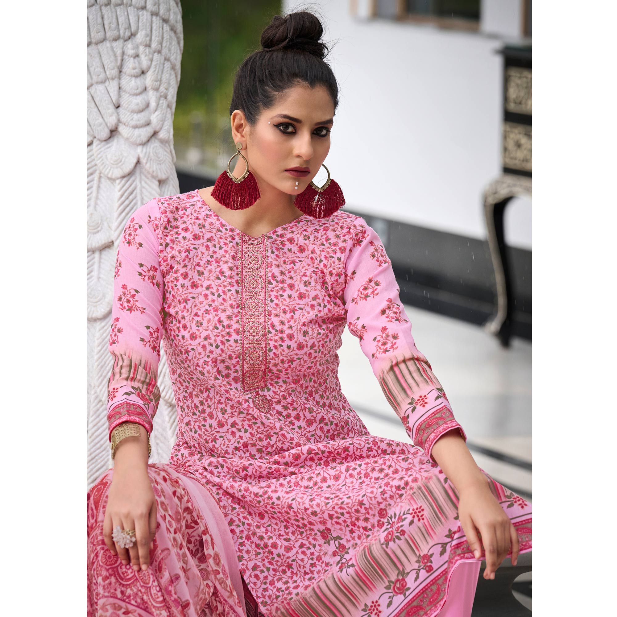 Pink Printed With Embroidered Pure Cotton Salwar Suit