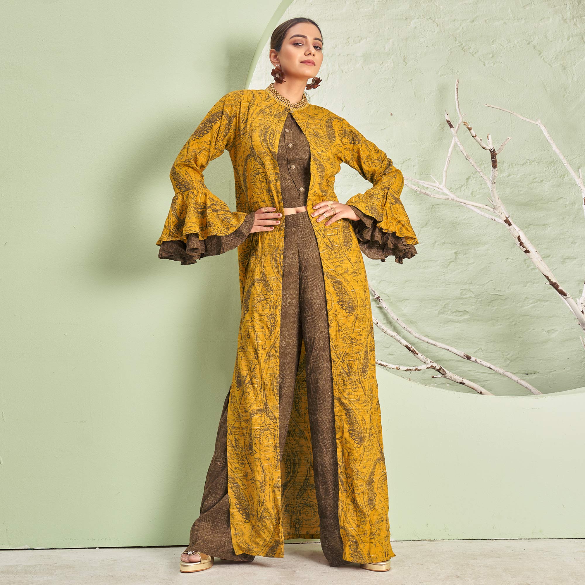 Mustard & Brown Printed Rayon Palazzo Suit With Jacket