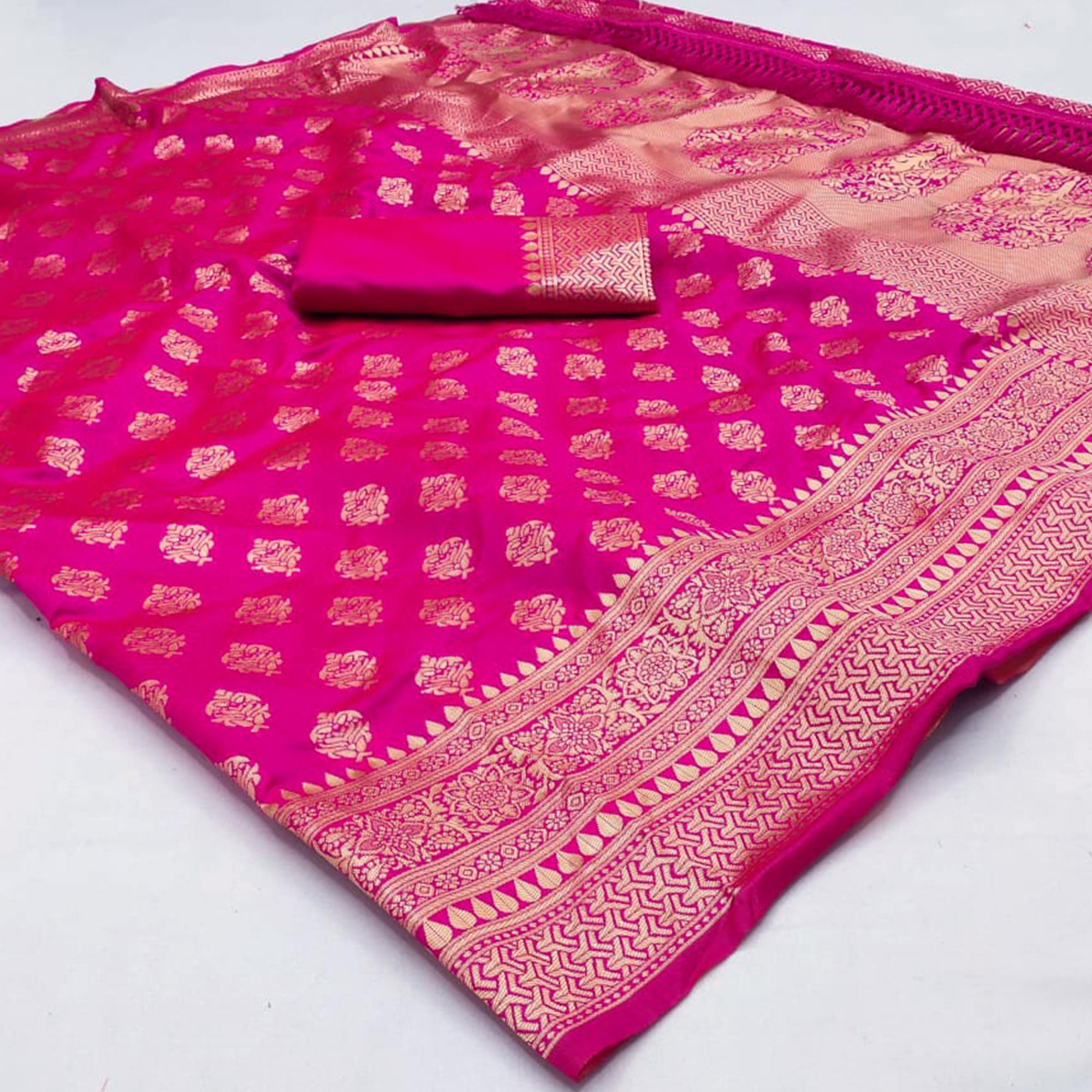 Pink Woven Jacquard Saree With Tassels