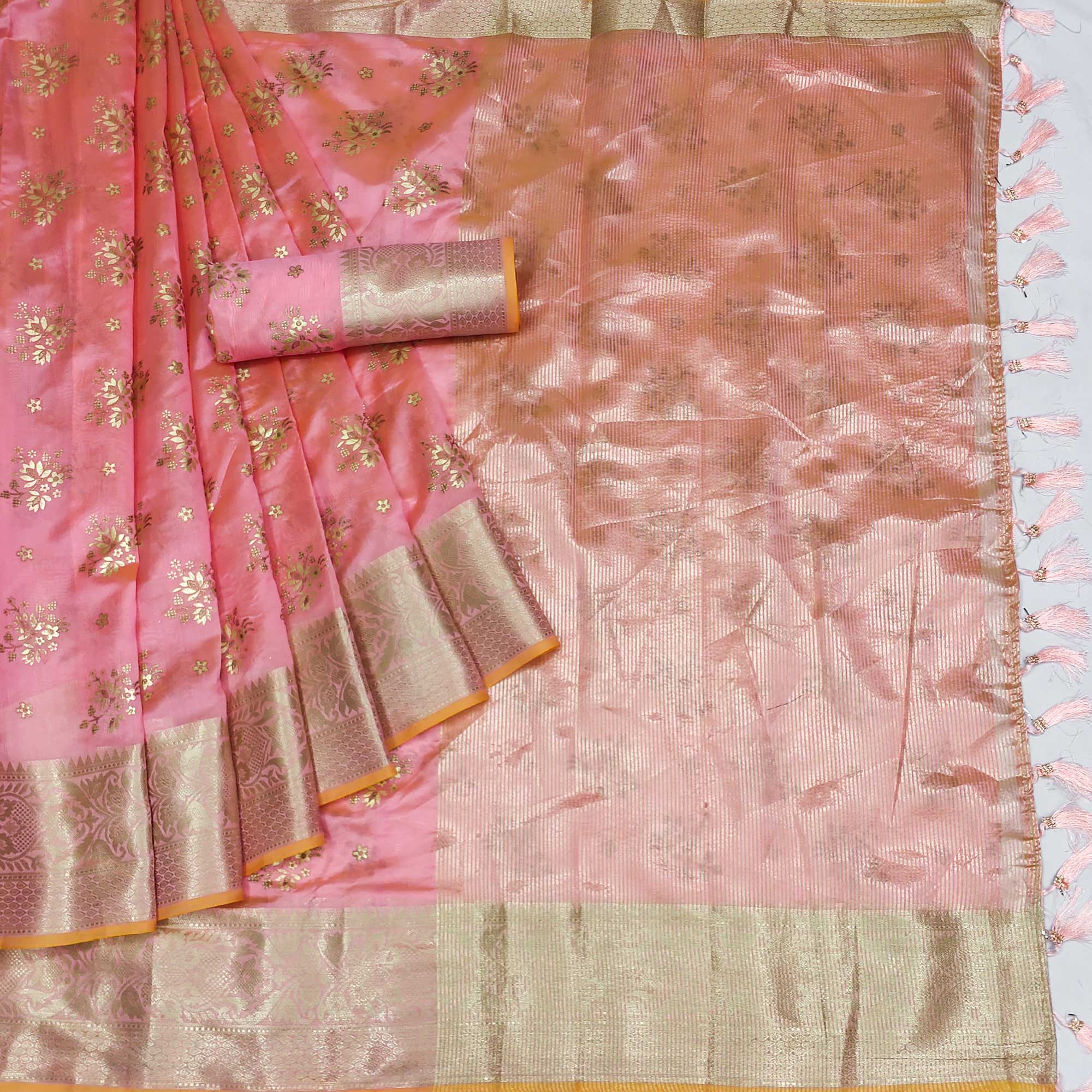 Pink Woven Organza Saree With Tassels