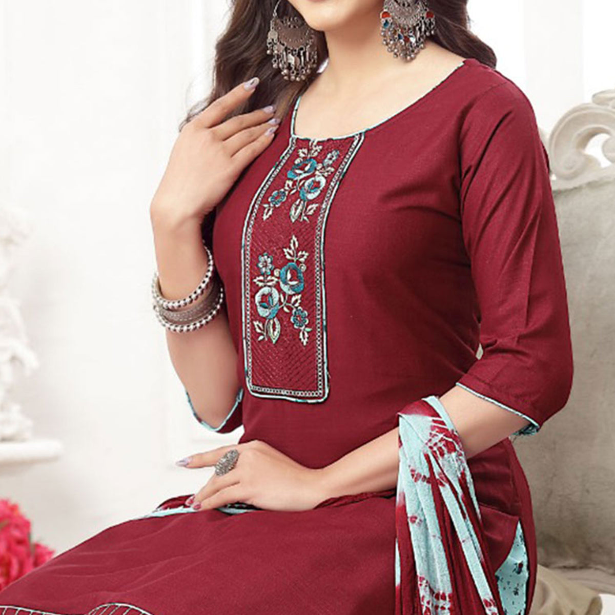 Maroon Embroidered Rayon Patiala Suit
