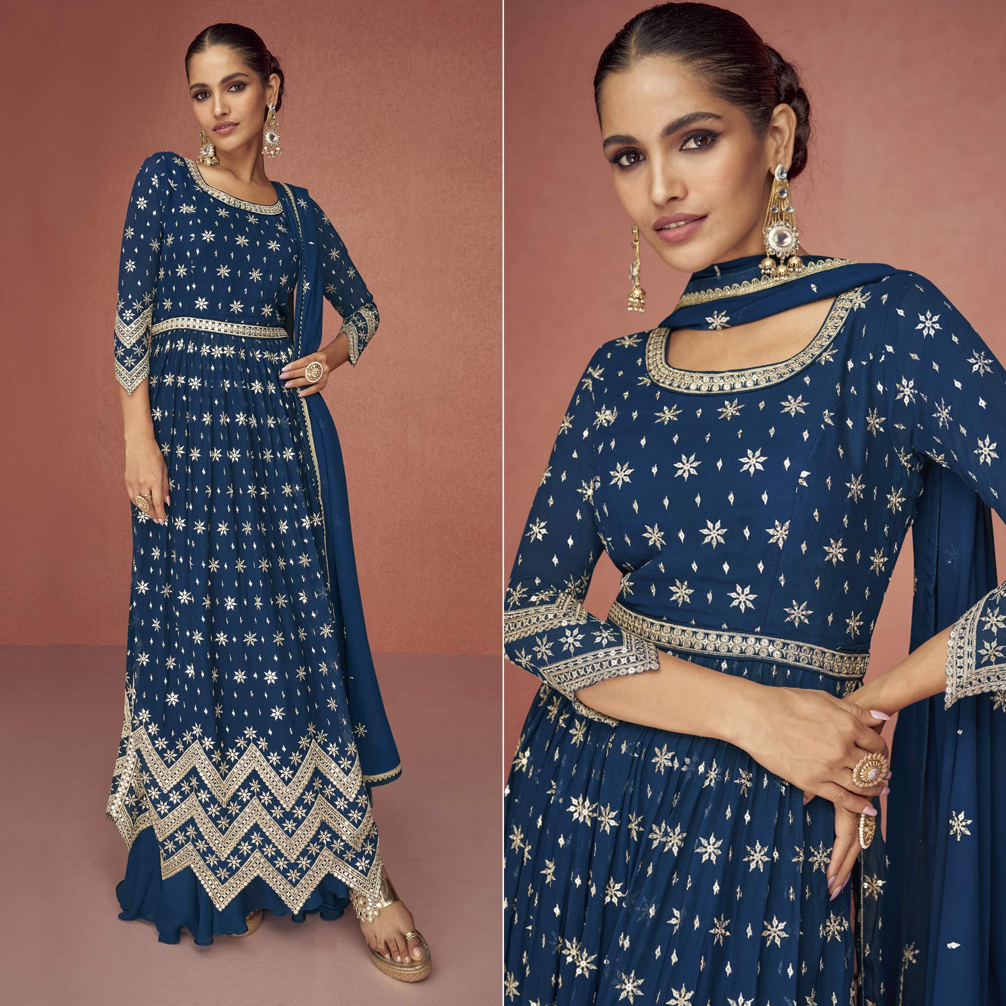 Blue Sequins Embroidered Georgette Semi Stitched Naira Cut Suit