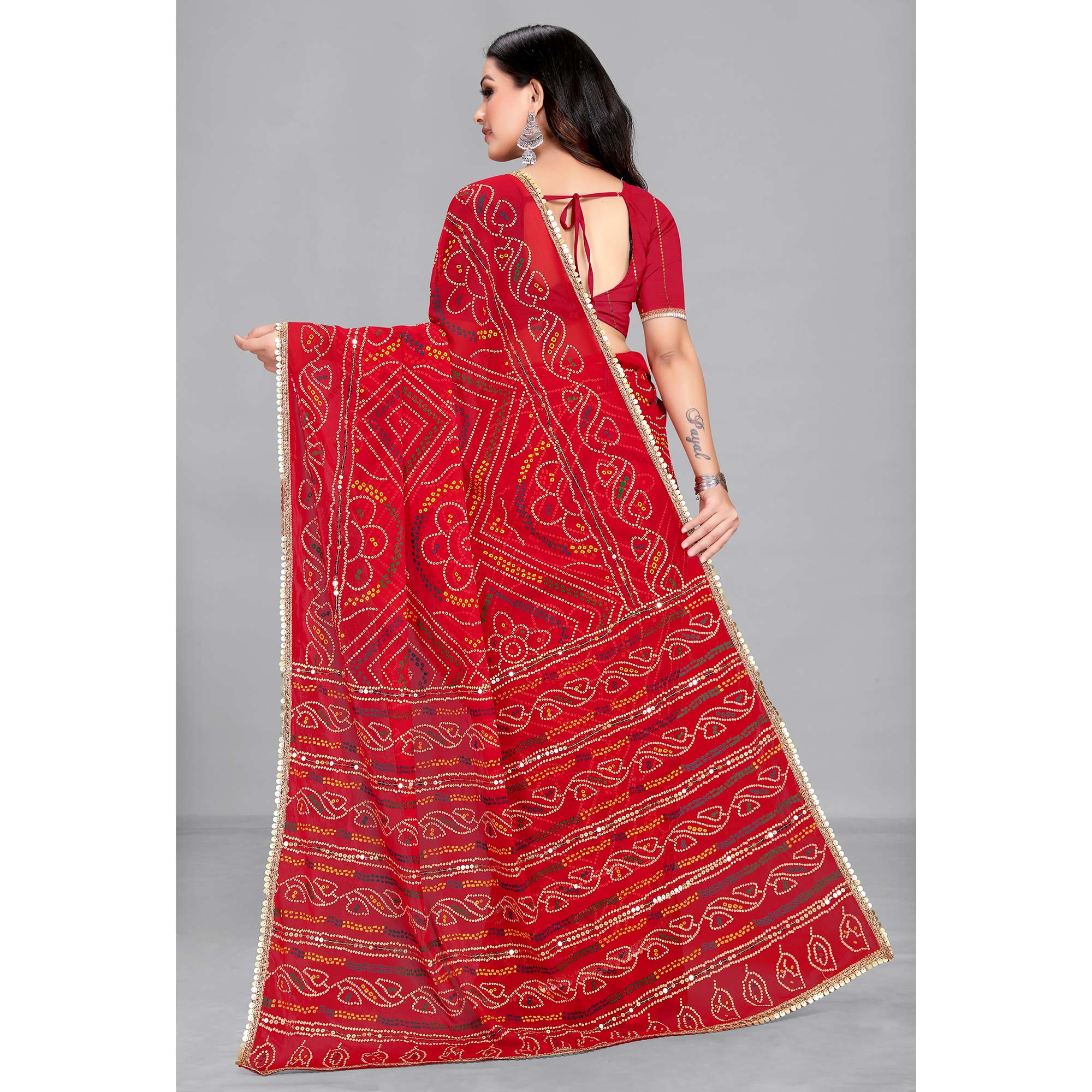 Red Bandhani Printed With Sequins Work Georgette Saree