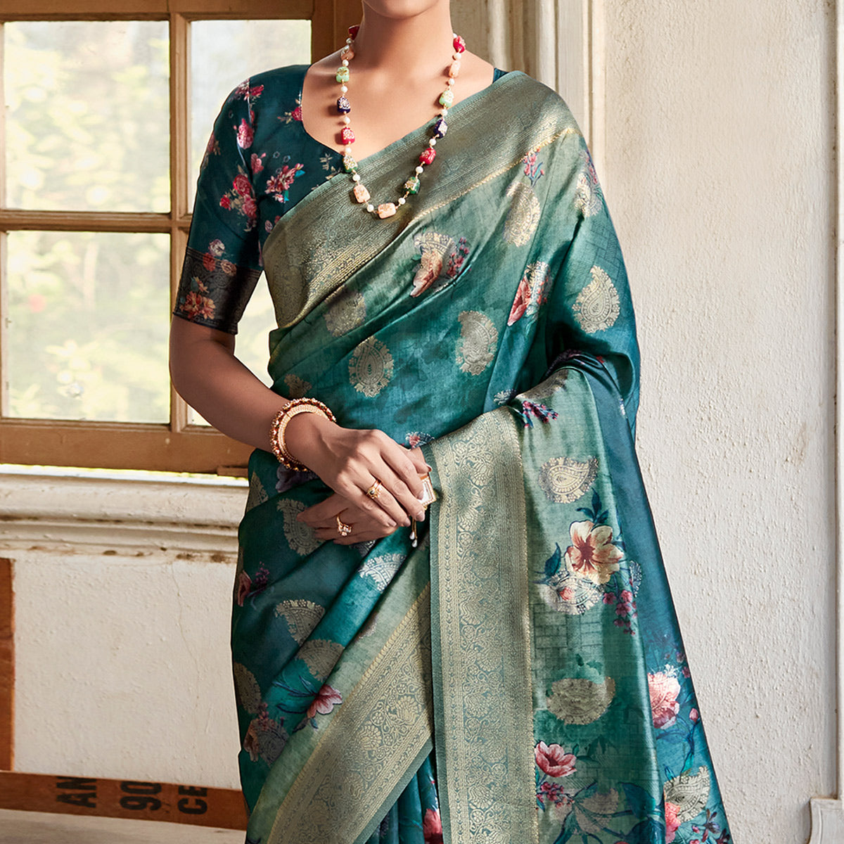 Rama Blue Woven With Floral Printed Art Silk Saree