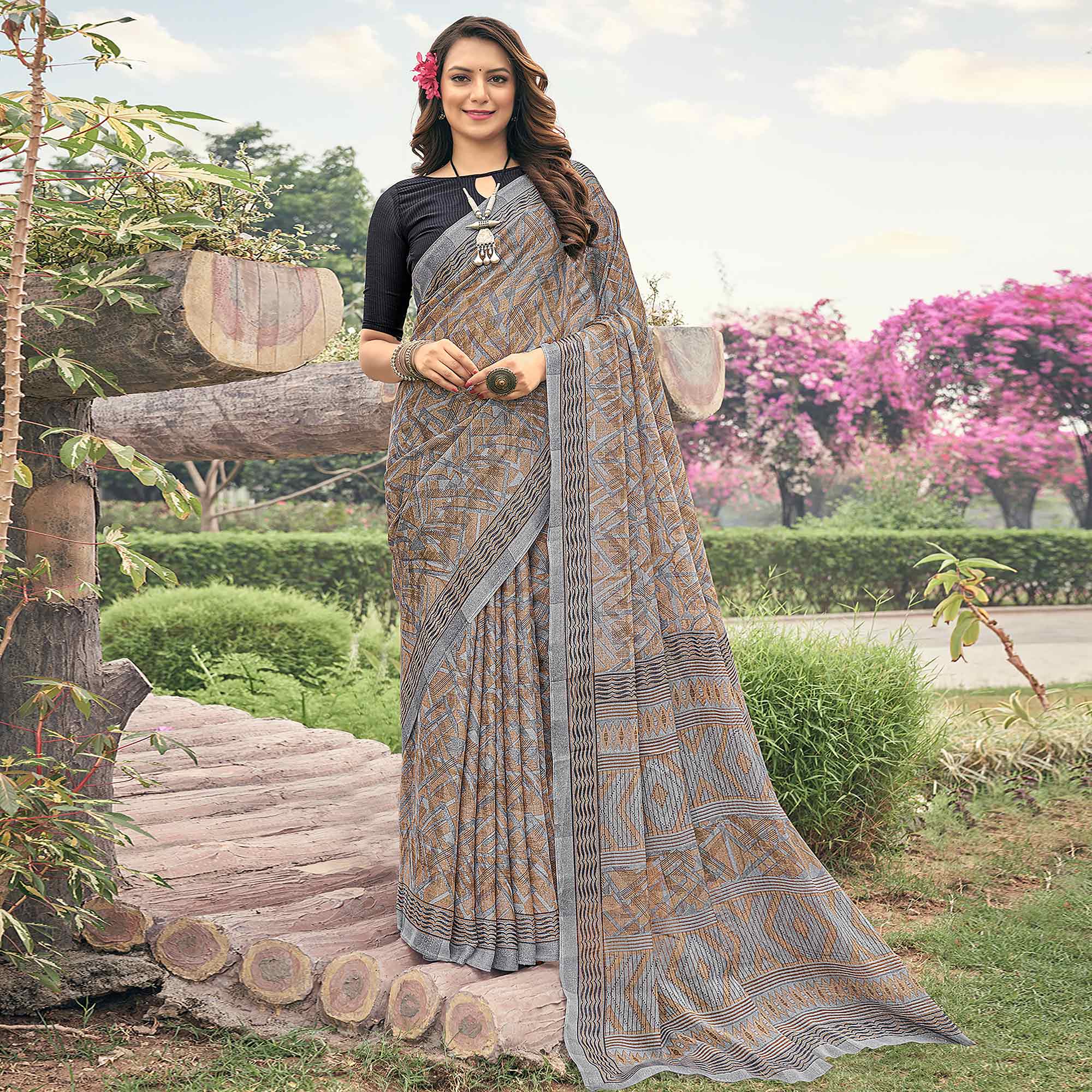 Grey & Brown Printed Chiffon Saree