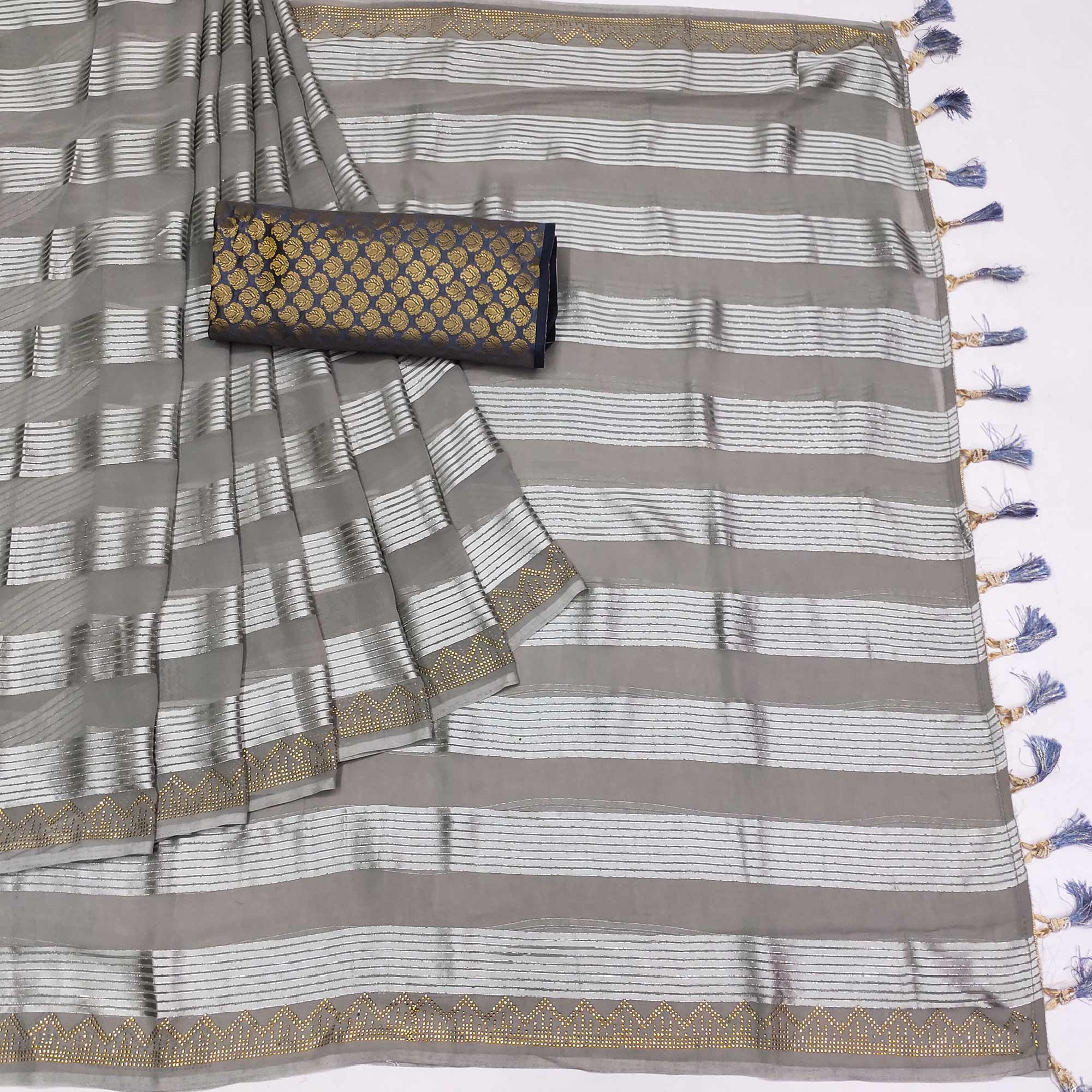 Grey Striped With Stone Work Georgette Saree