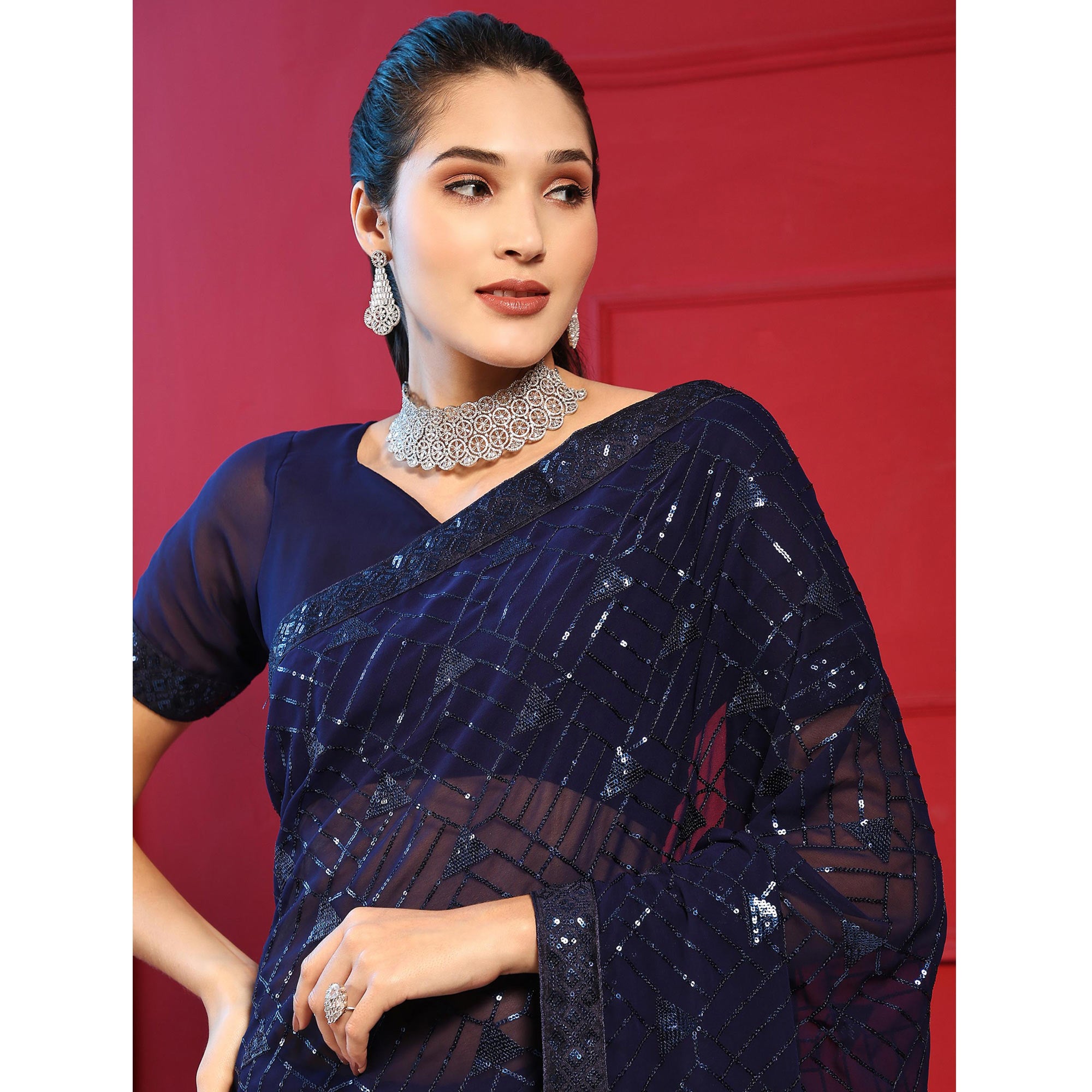 Blue Sequins Embroidered Georgette Saree