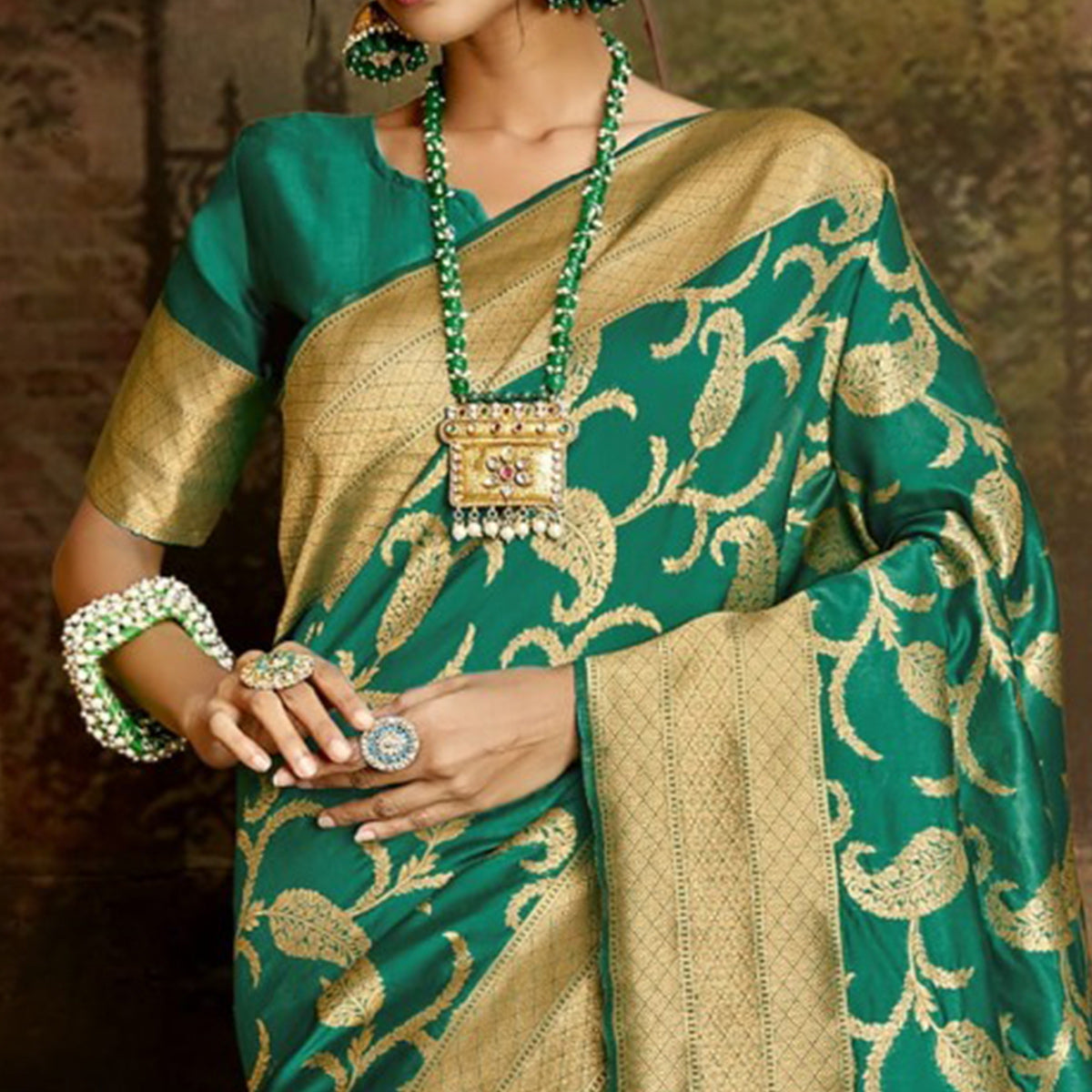 Green Woven Banarasi Silk Saree With Tassels