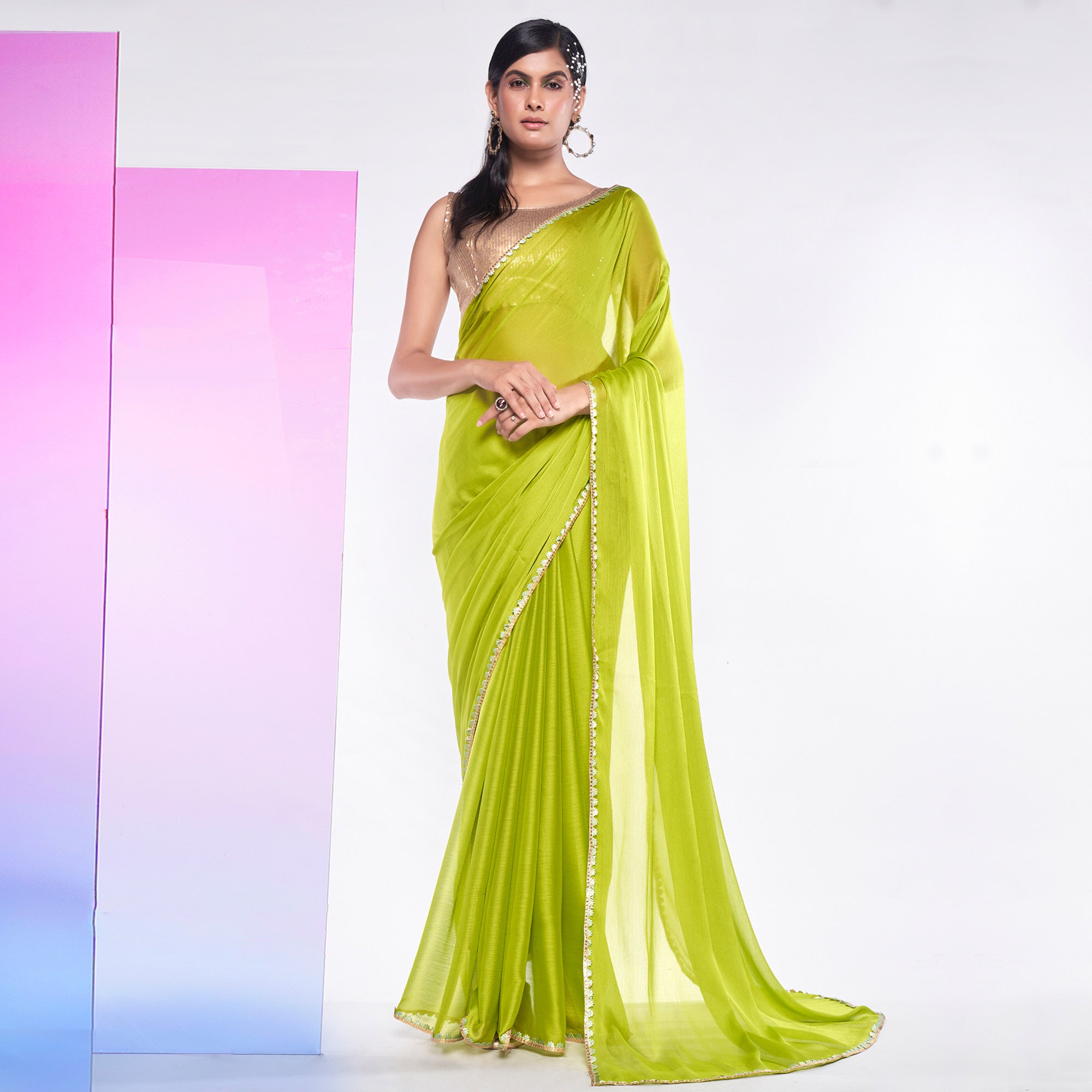 Green Solid With Embroidered Border Georgette Saree
