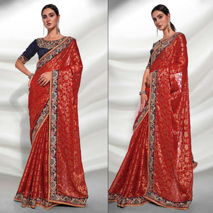 Red Woven With Embroidered Border Viscose Saree