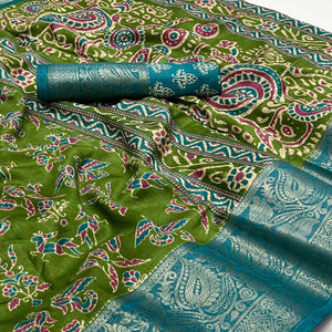 Green Blue Printed With Woven Border Dola Silk Saree