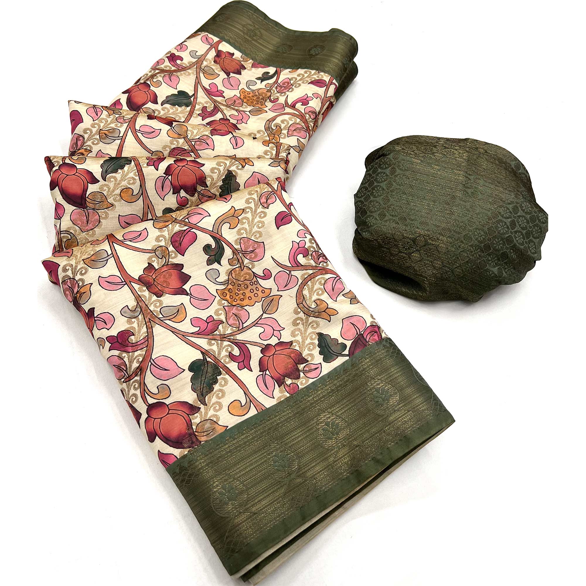 Cream Digital Printed Cotton Silk Saree