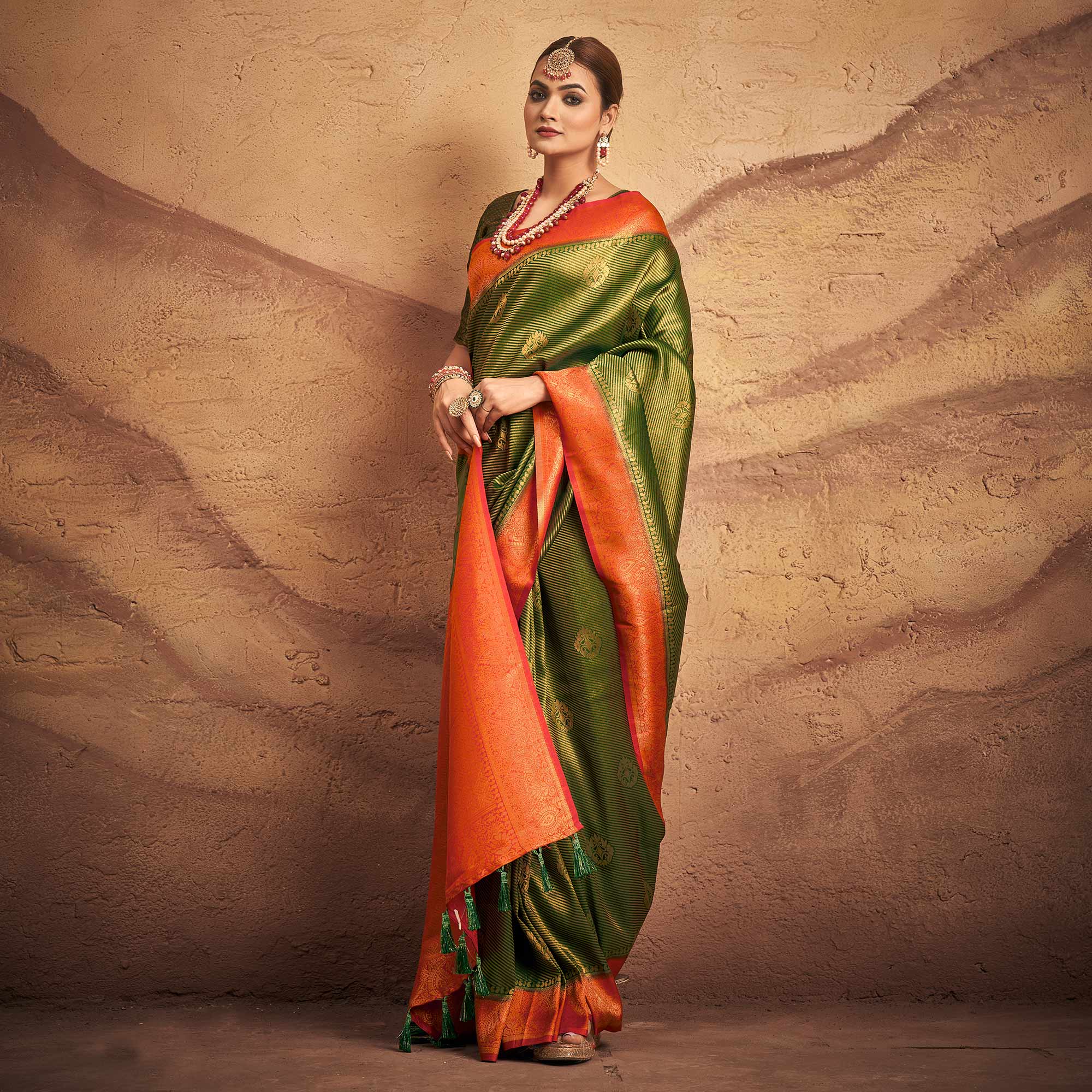 Green Woven Art Silk Saree With Tassels