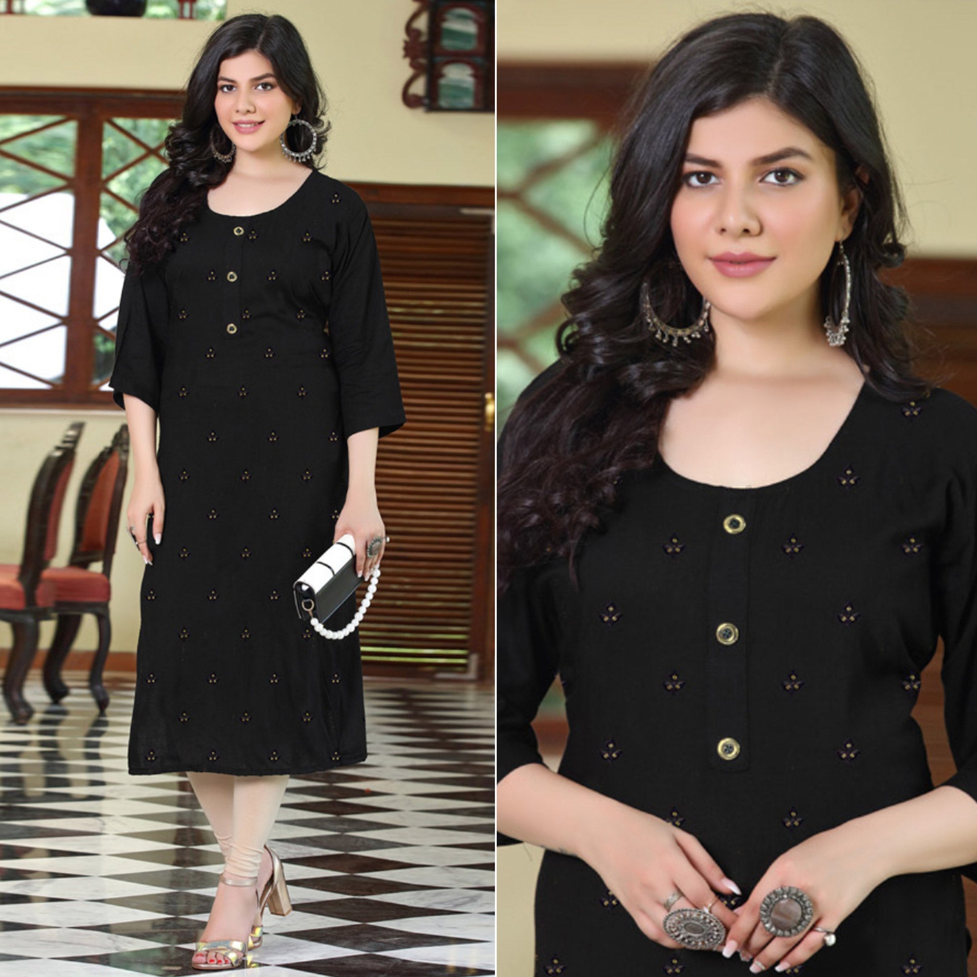 Black Embroidered Rayon Kurti