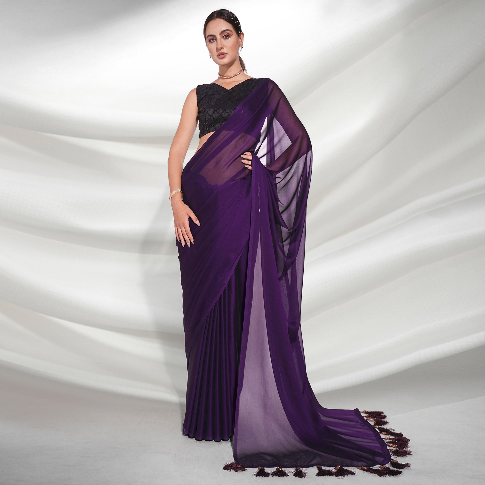 Dark Violet Solid Georgette Saree