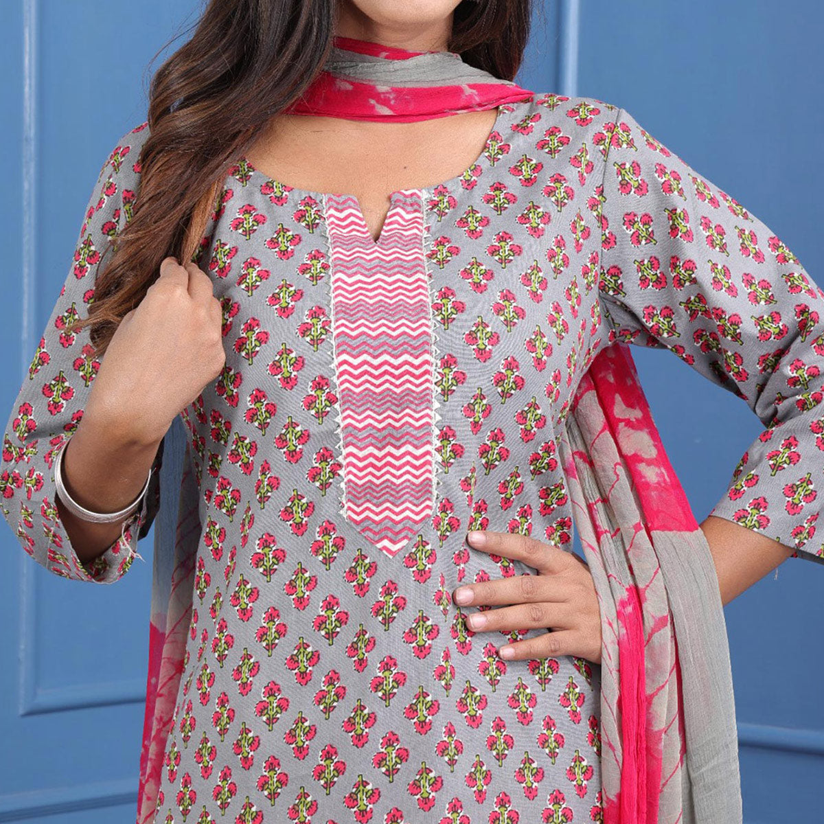 Grey Jaipuri Printed Pure Cotton Suit