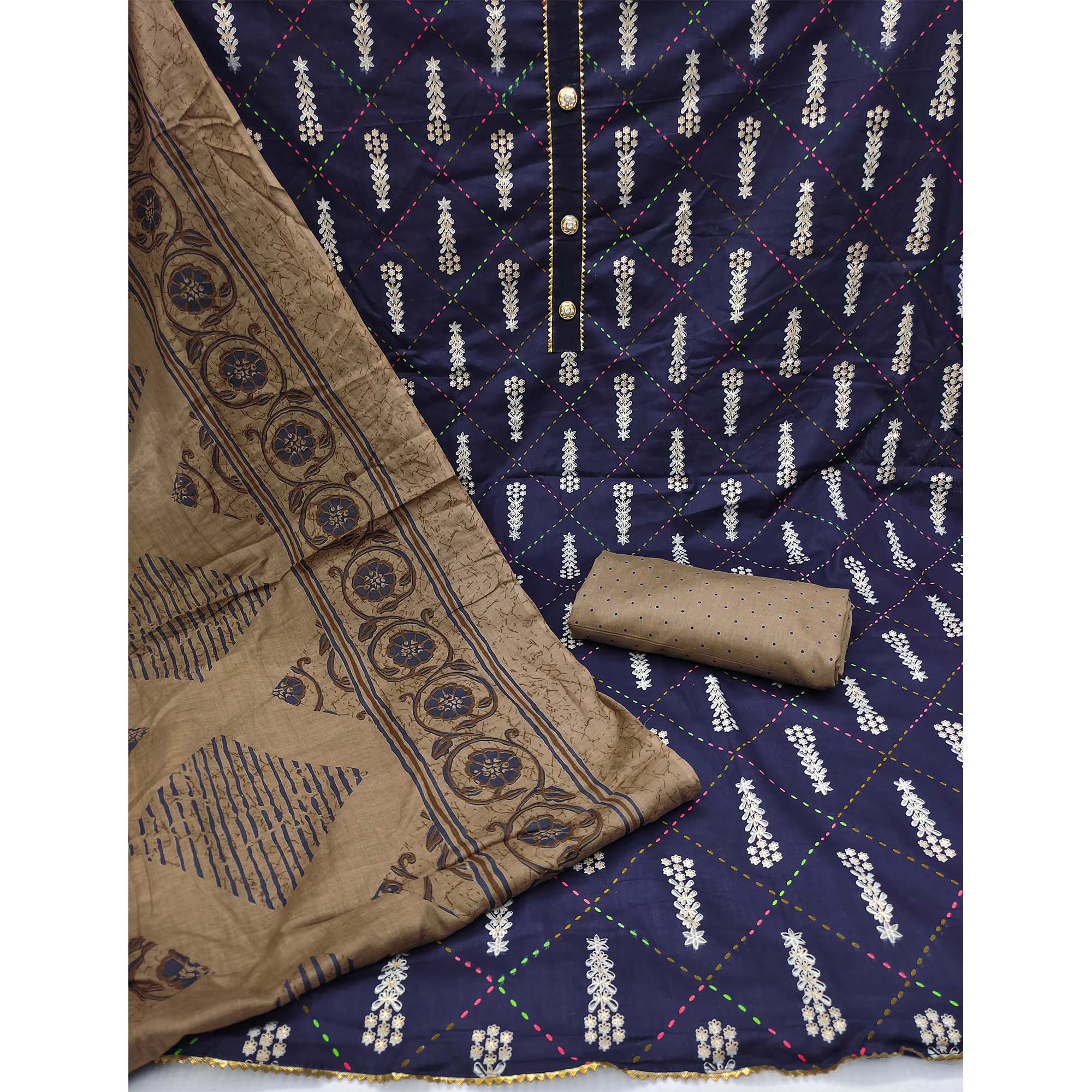 Navy Blue Printed Pure Cotton Dress Material