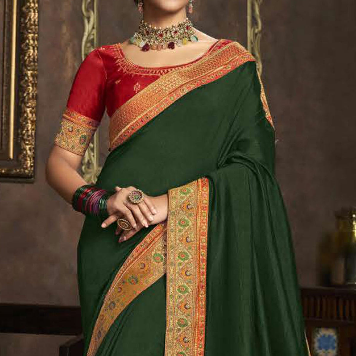 Green Solid With Woven Border Vichitra Silk Saree