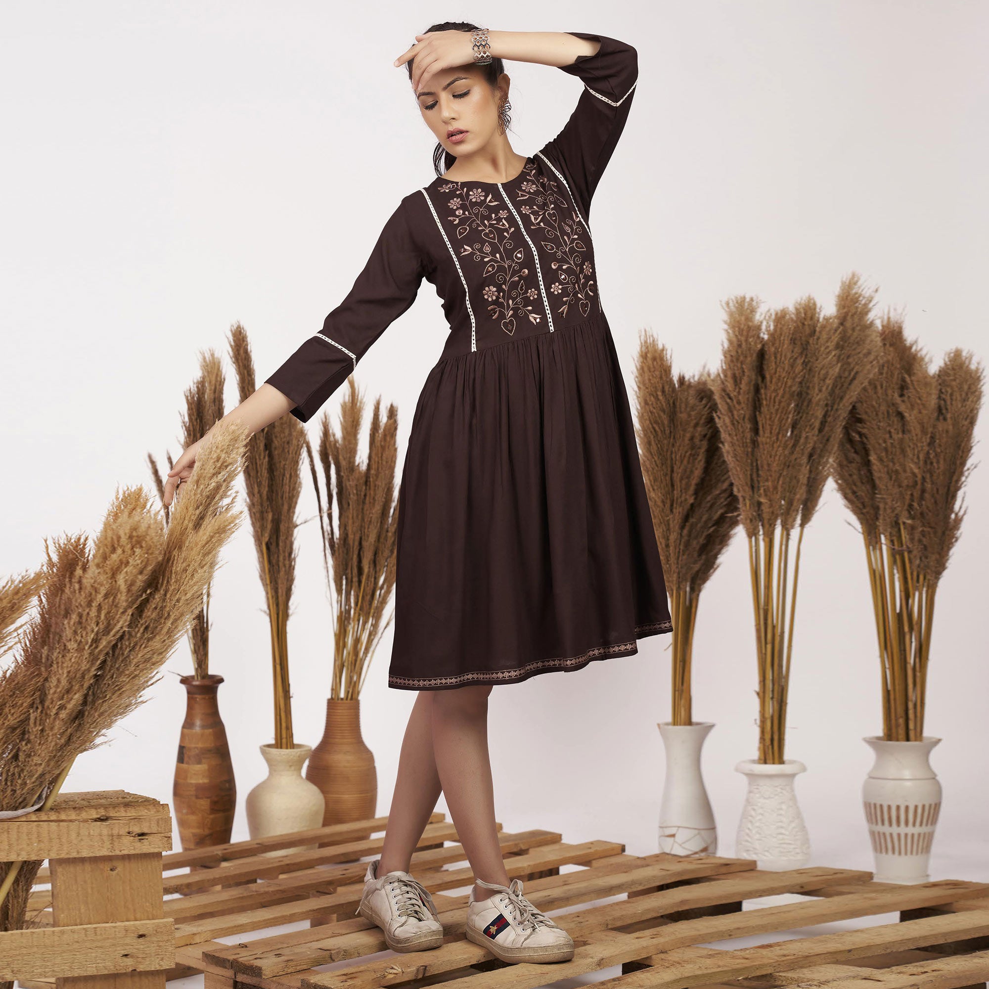 Brown Floral Embroidered Rayon Short Dress - Main Image