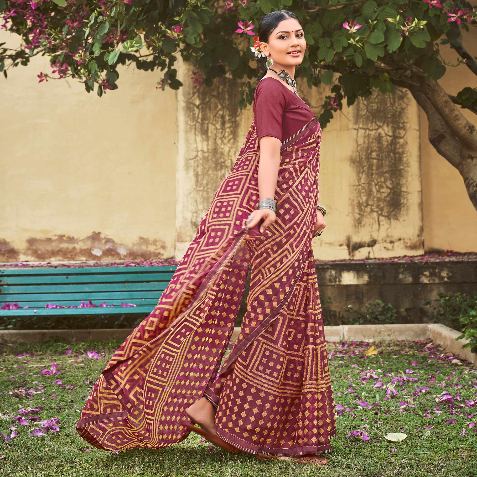 Wine Printed Chiffon Saree