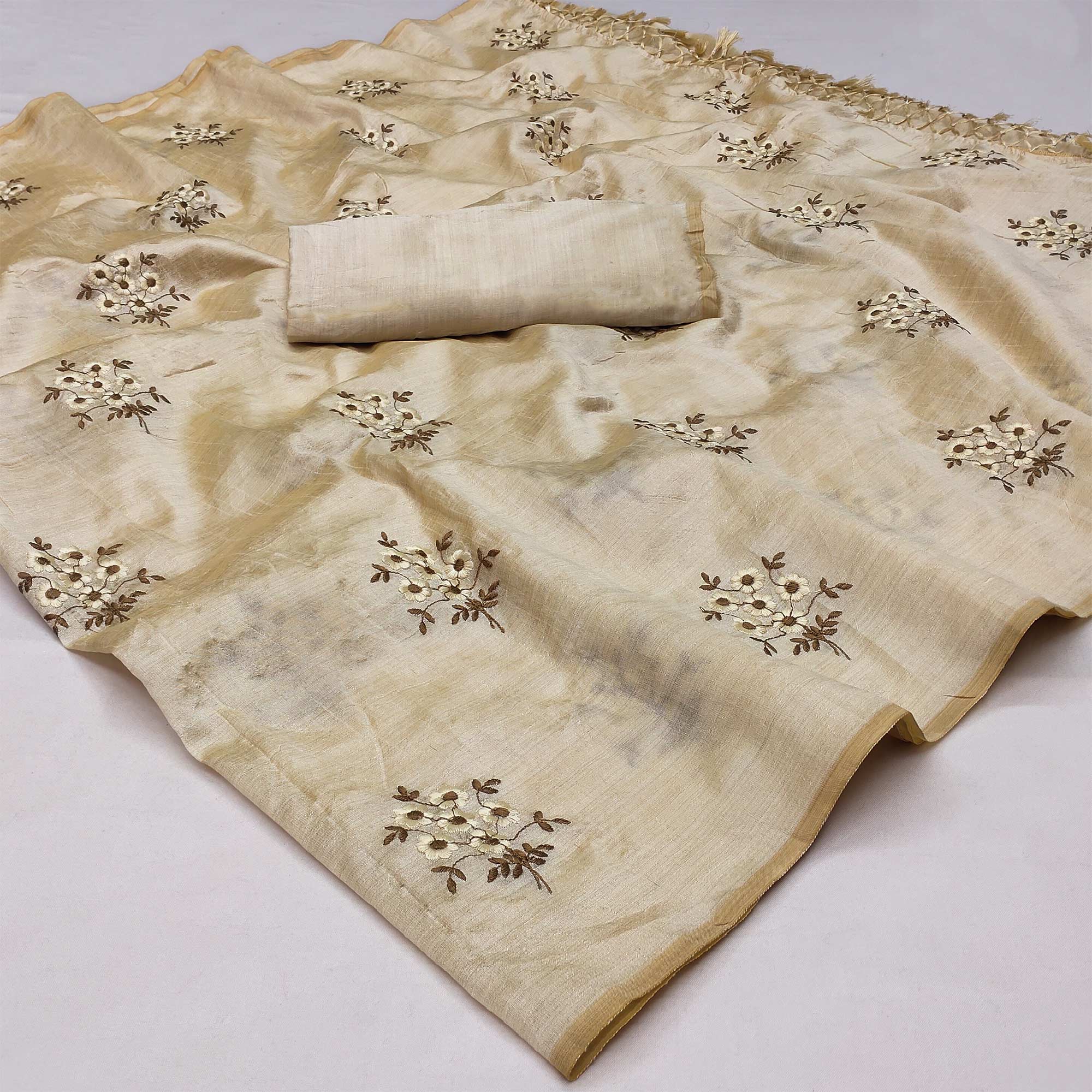 Cream Floral Embroidered Khaadi Saree