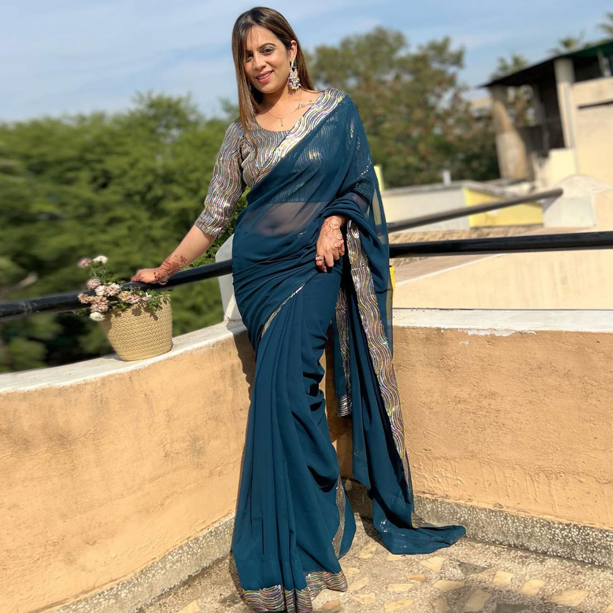 Blue Sequins Work Georgette Saree