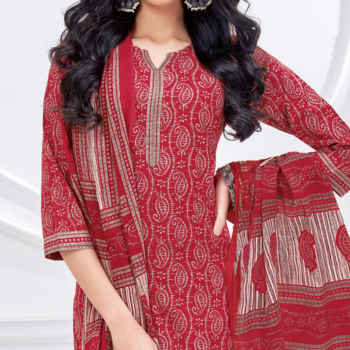 Red Printed Pure Cotton Suit