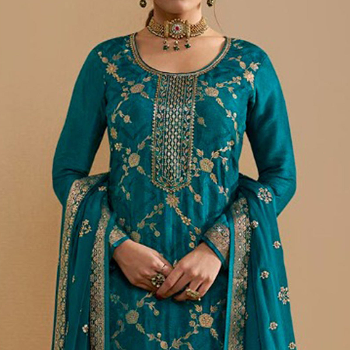 Rama Blue Woven And Embroidered Dola Silk Palazzo Suit