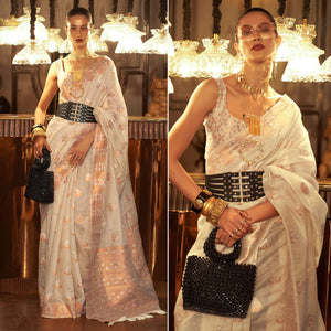 Beige Woven Linen Saree With Tassels