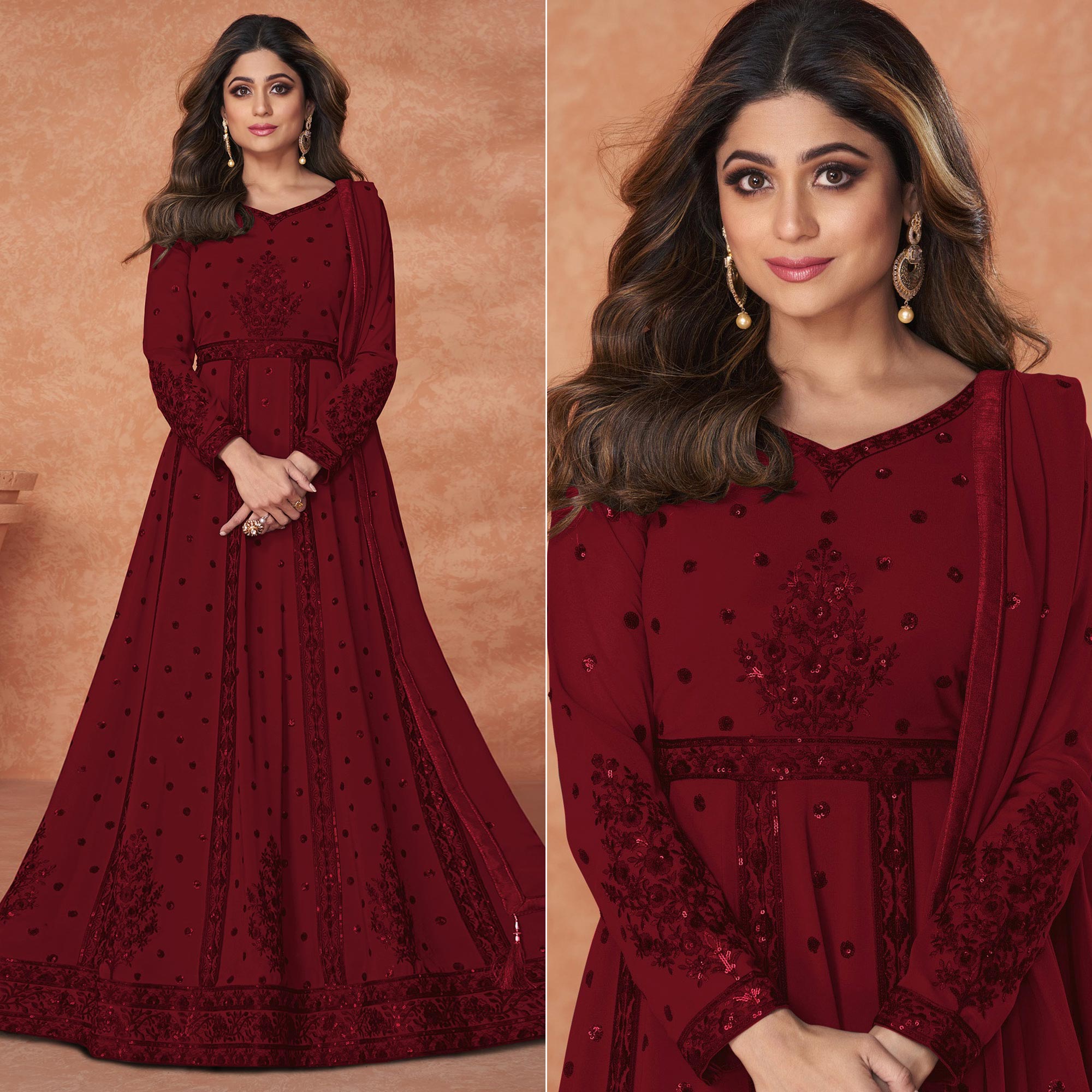 Maroon Embroidered Georgette Gown