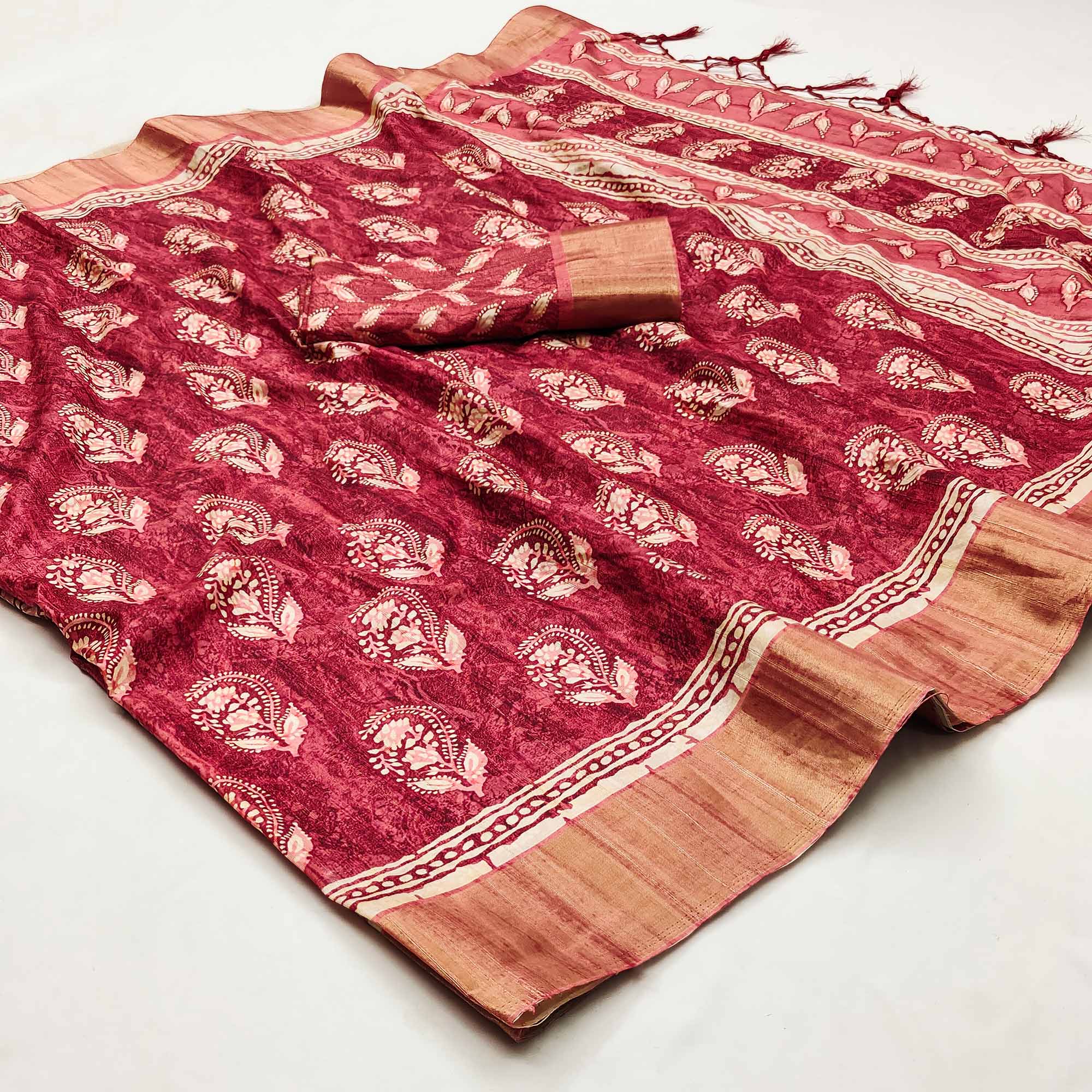 Pink Floral Printed Matka Tussar Saree With Tassels