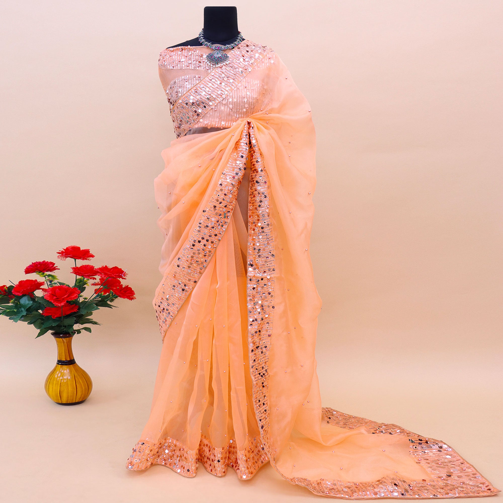 Peach Sequins Embroidered Organza Saree