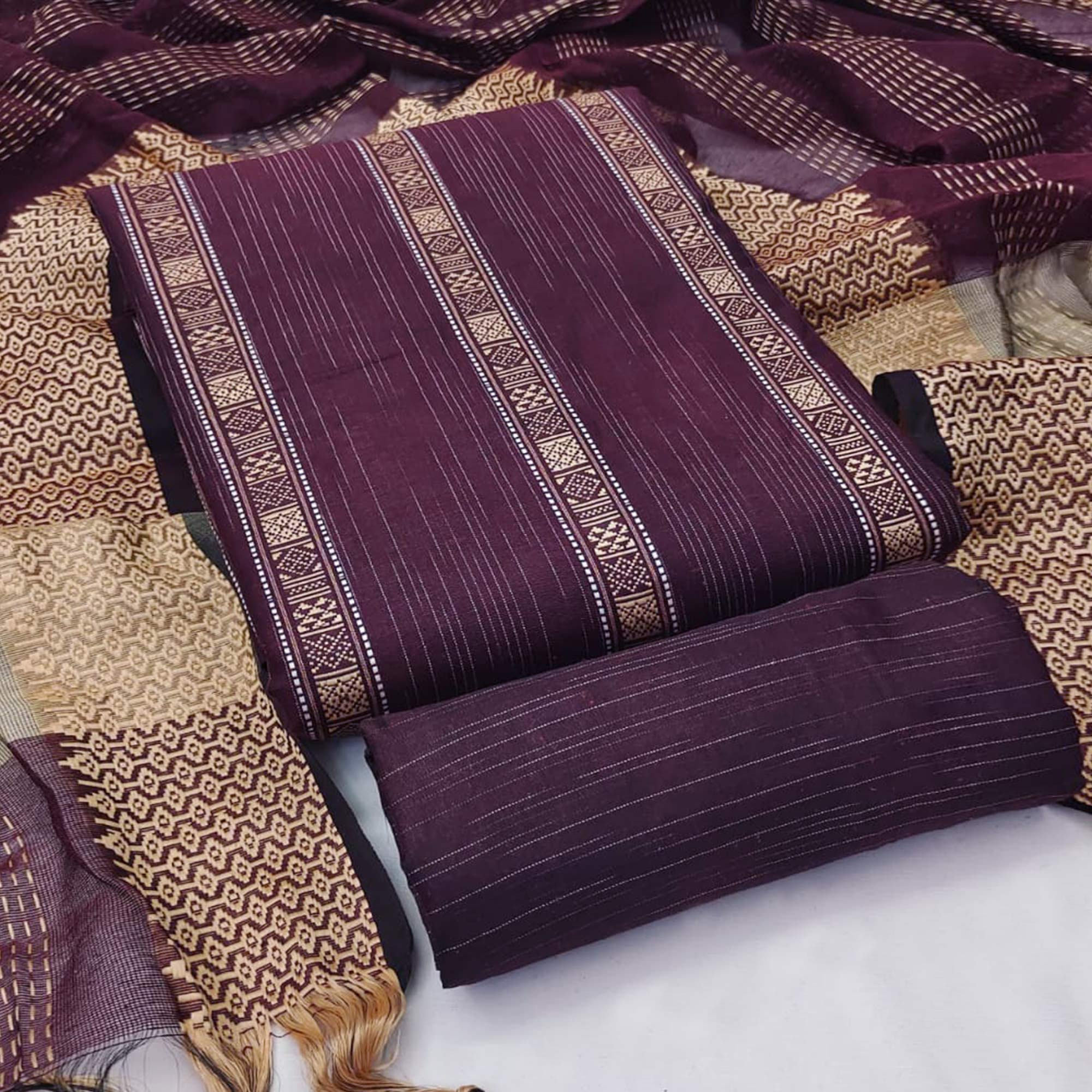 Purple Woven Cotton Blend Dress Material