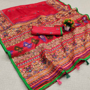 Red Printed Cotton Blend Saree With Tassels