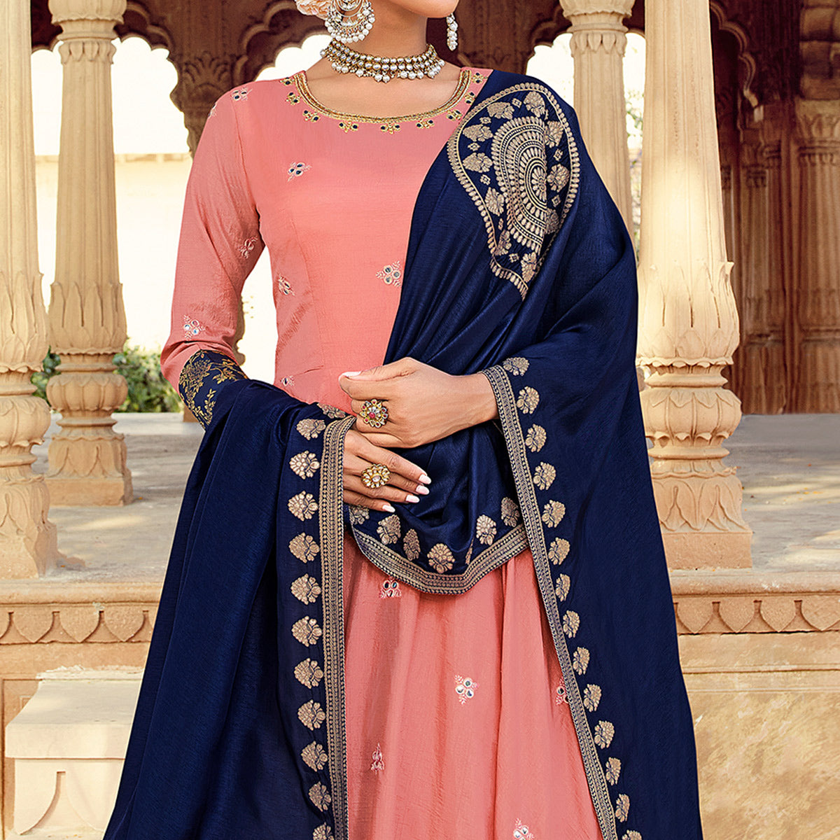 Peach Embroidered With Handwork Dola Silk Gown