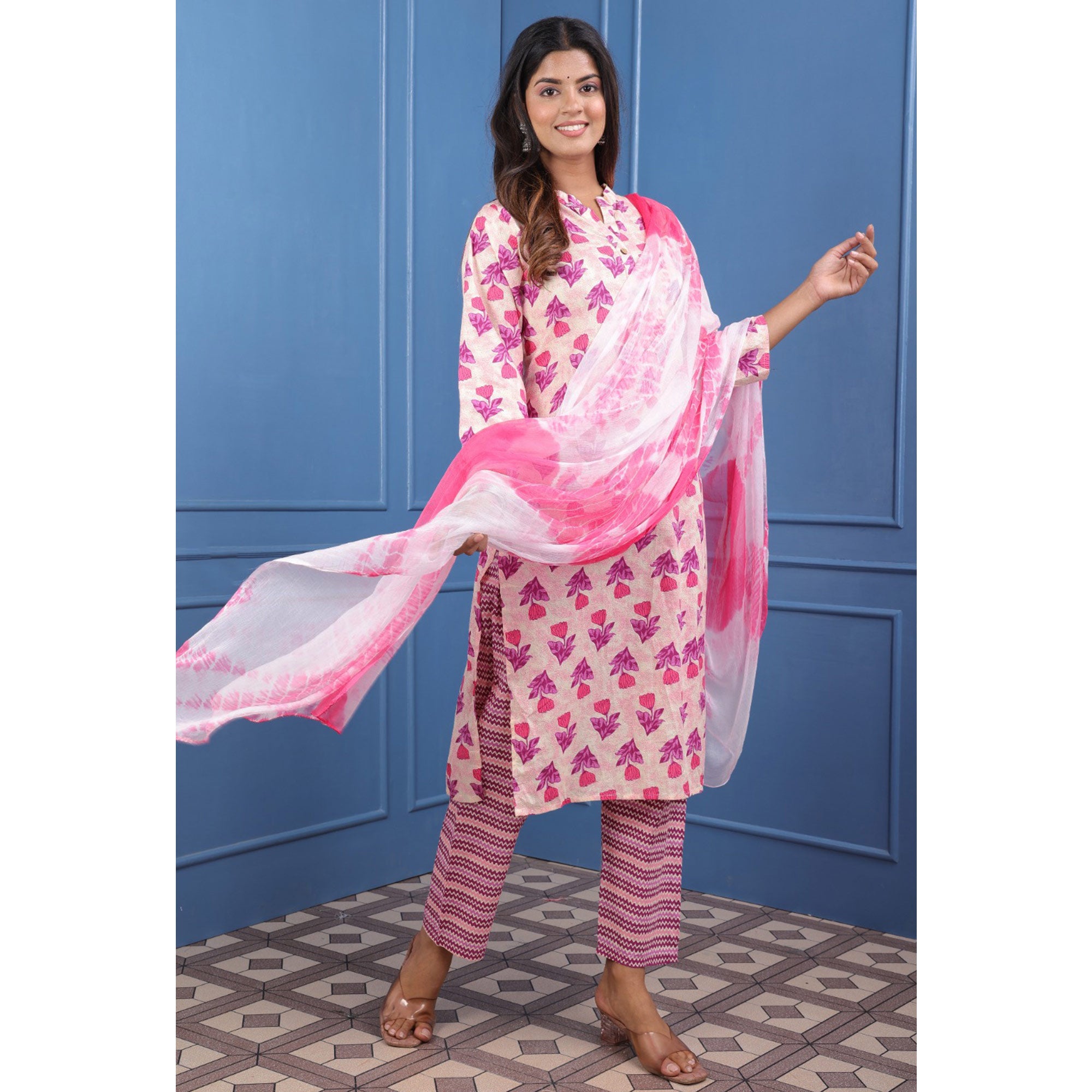 Cream Pink Floral Printed Pure Cotton Suit