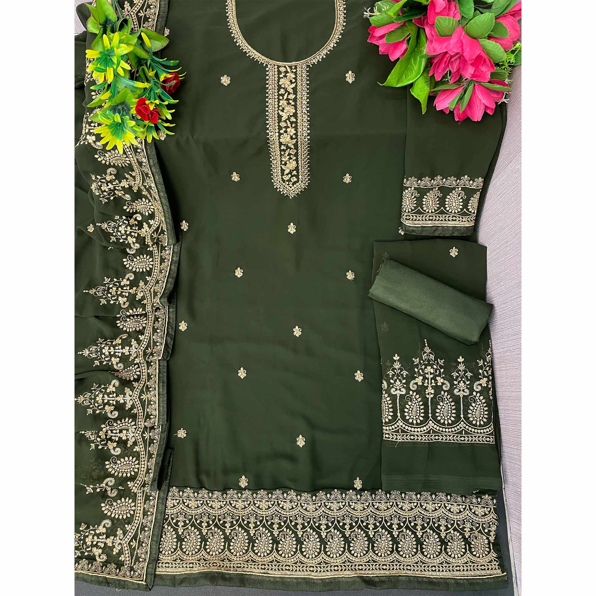 Green Floral Embroidered Georgette Sharara Suit