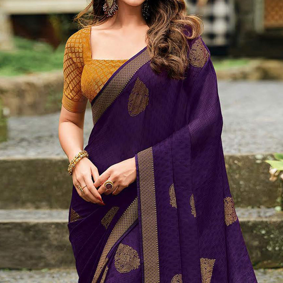 Violet Foil Printed Chiffon Saree