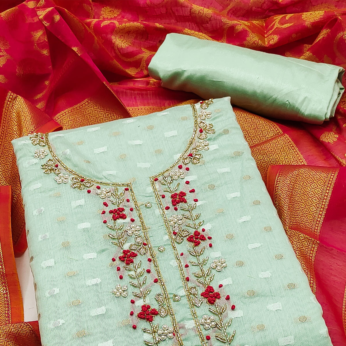 Pastel Green Woven Banarasi Silk Dress Material