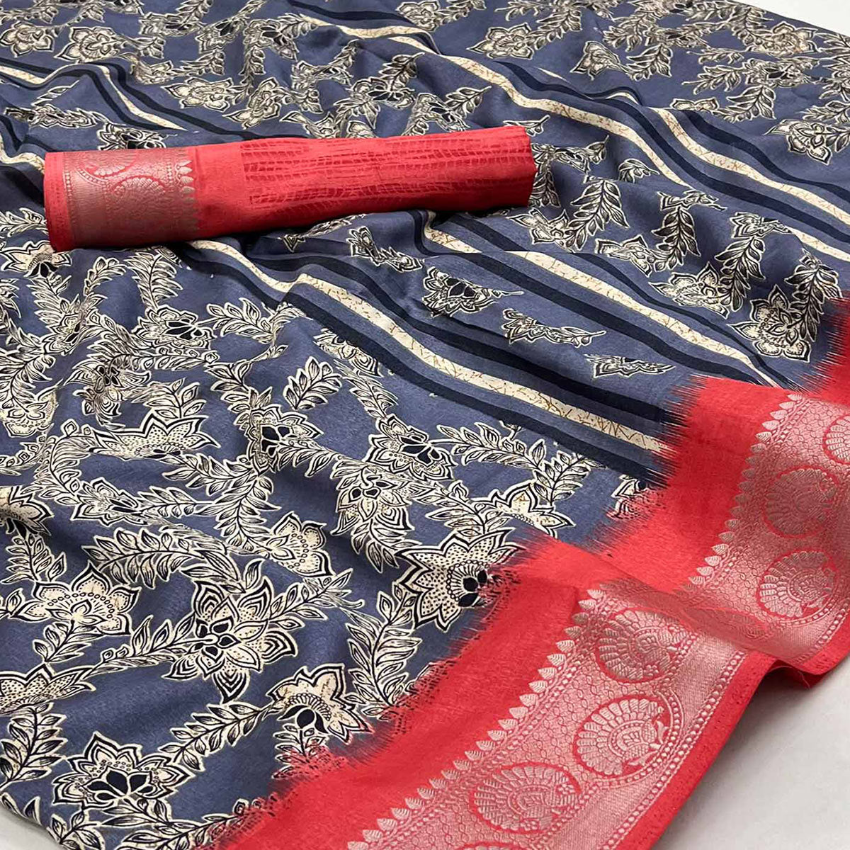 Grey Floral Printed With Woven Border Dola Silk Saree