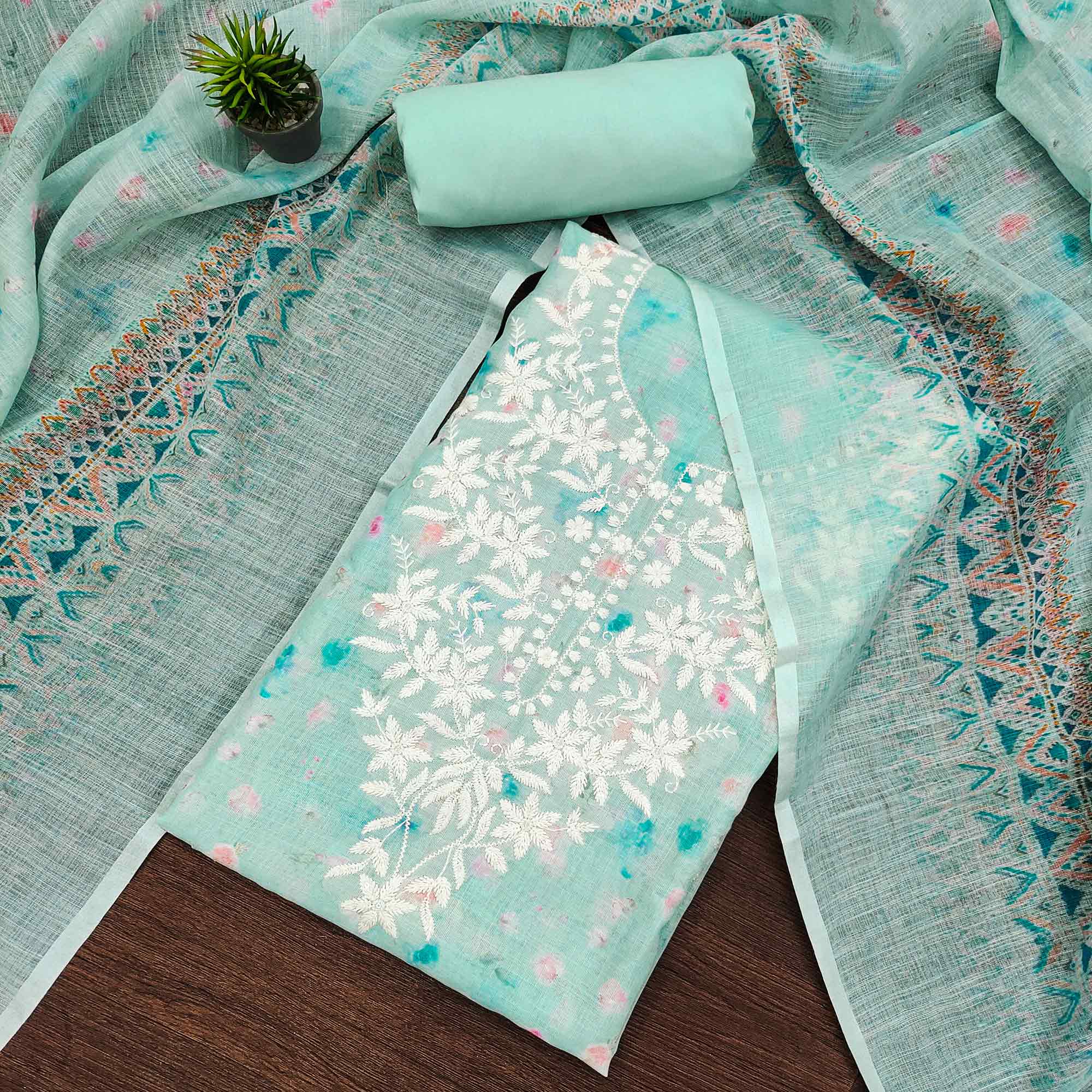 Sea Blue Floral Printed Cotton Dress Material