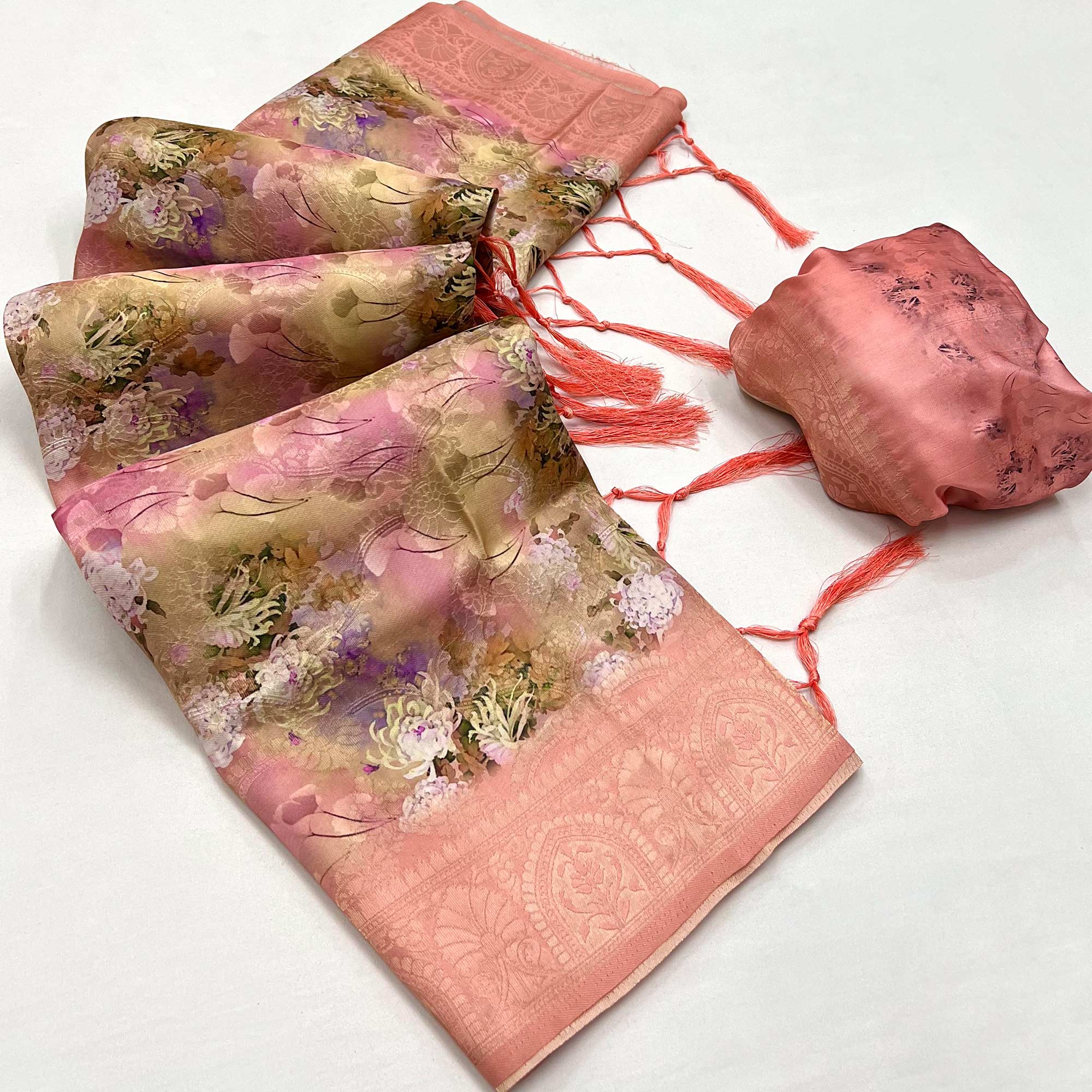 Peach Floral Digital Printed Jacquard Saree