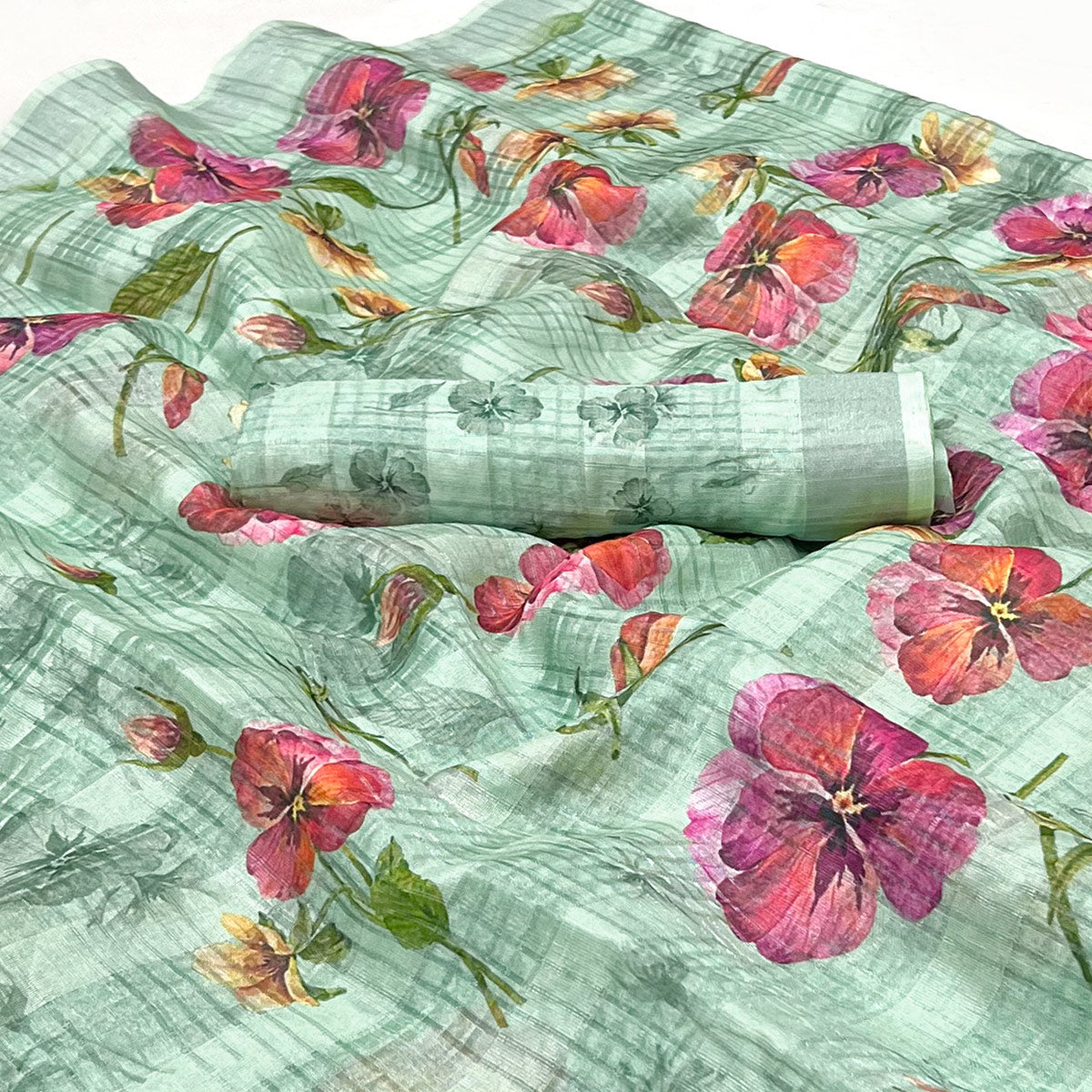 Turquoise Green Floral Digital Printed Cotton Silk Saree