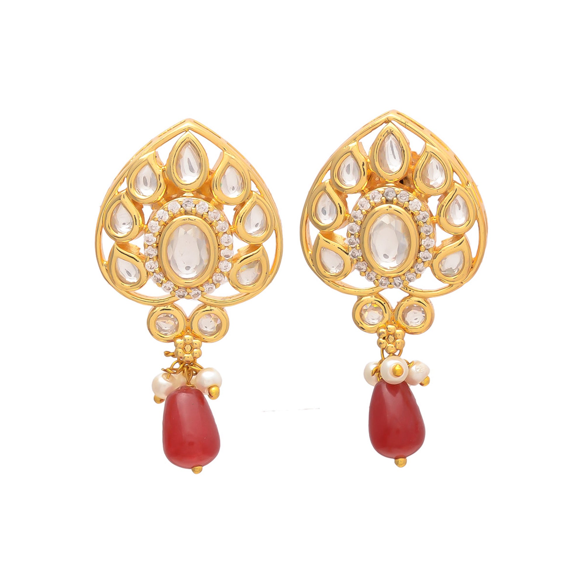 Gold Kundan Stud Earrings With Red Drop