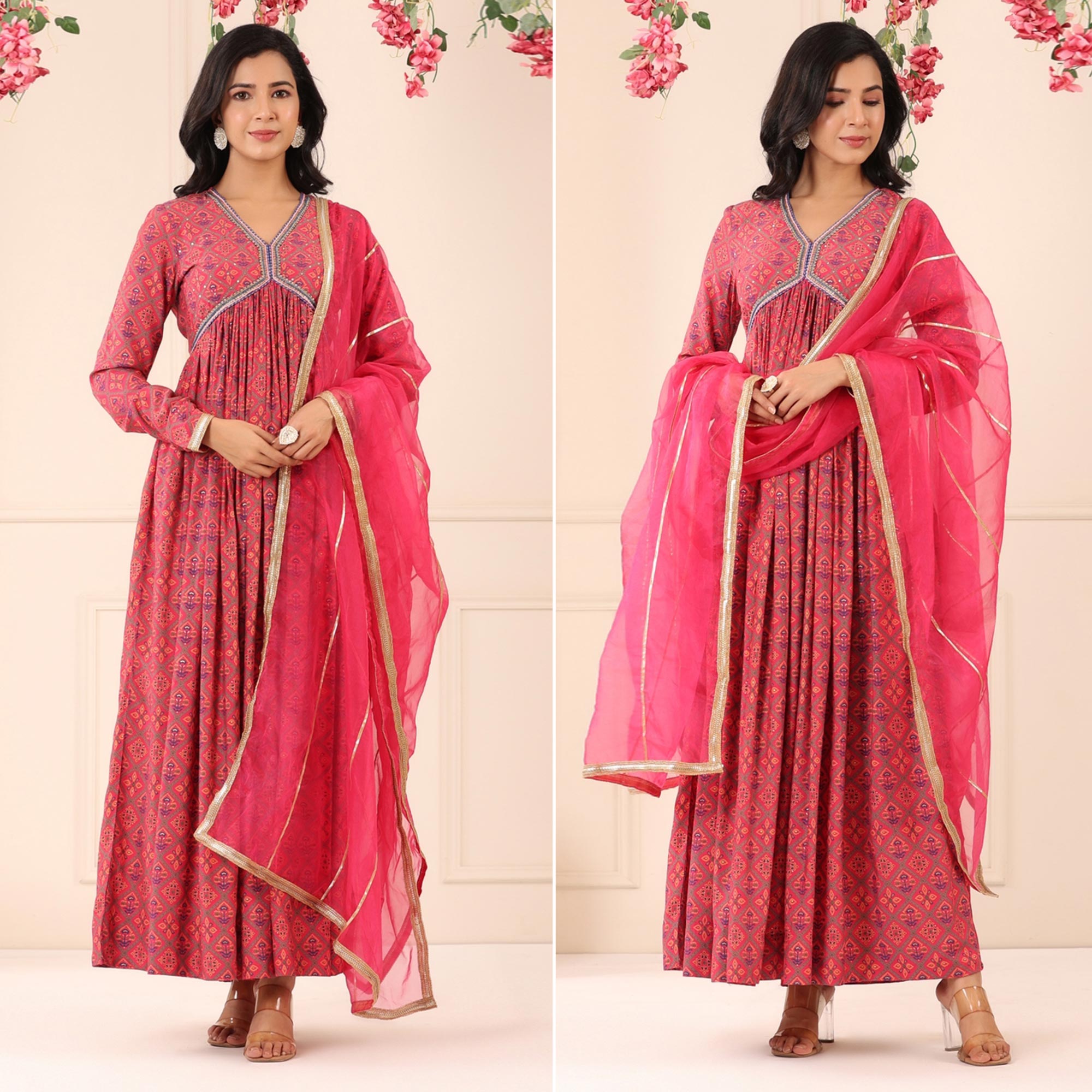 Pink Patola Printed Muslin Gown With Dupatta