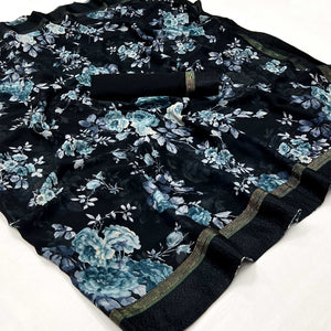 Black Floral Printed Georgette Saree
