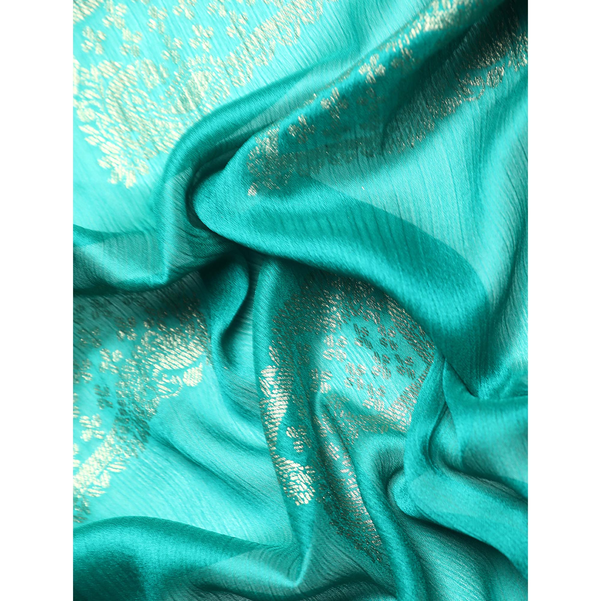 Turquoise Foil Printed With Embroidered Border Chiffon Saree