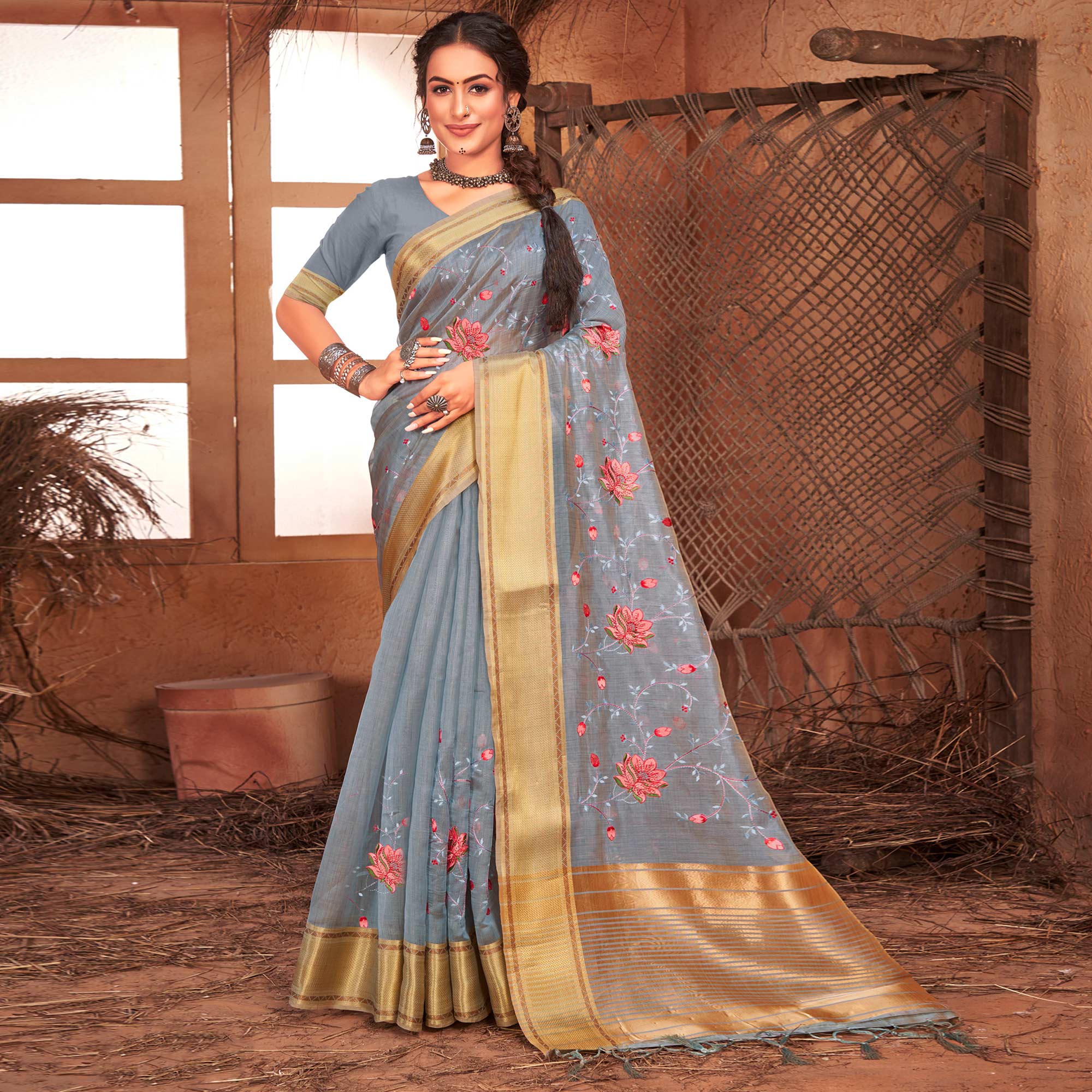 Grey Embroidered With Woven Border Organza Saree