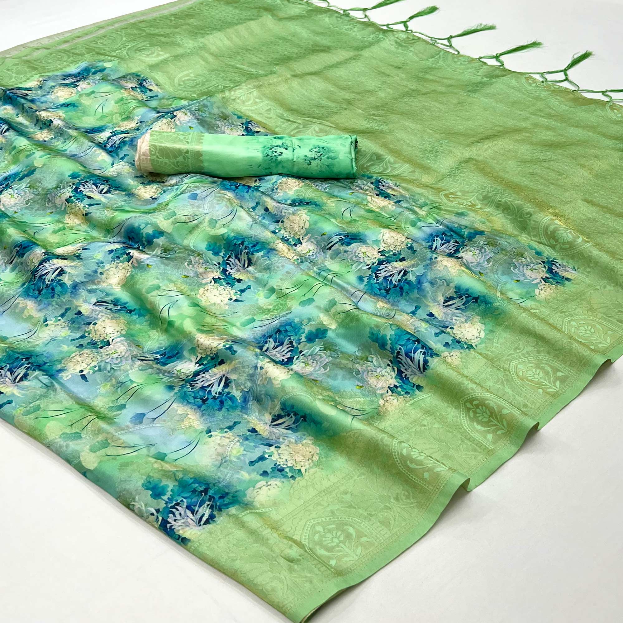 Green Floral Digital Printed Jacquard Saree